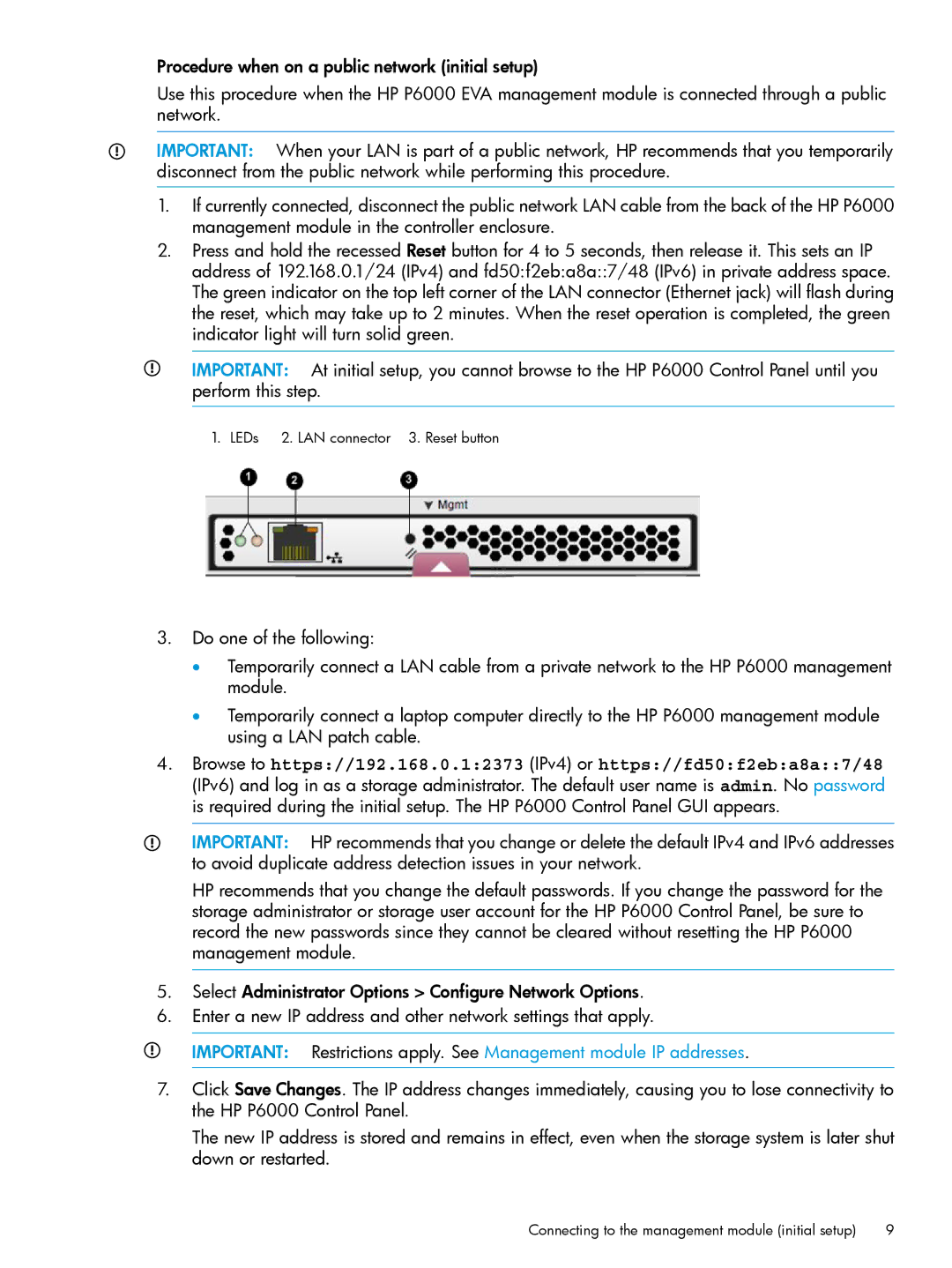 HP P6000 manual LEDs LAN connector 3. Reset button 