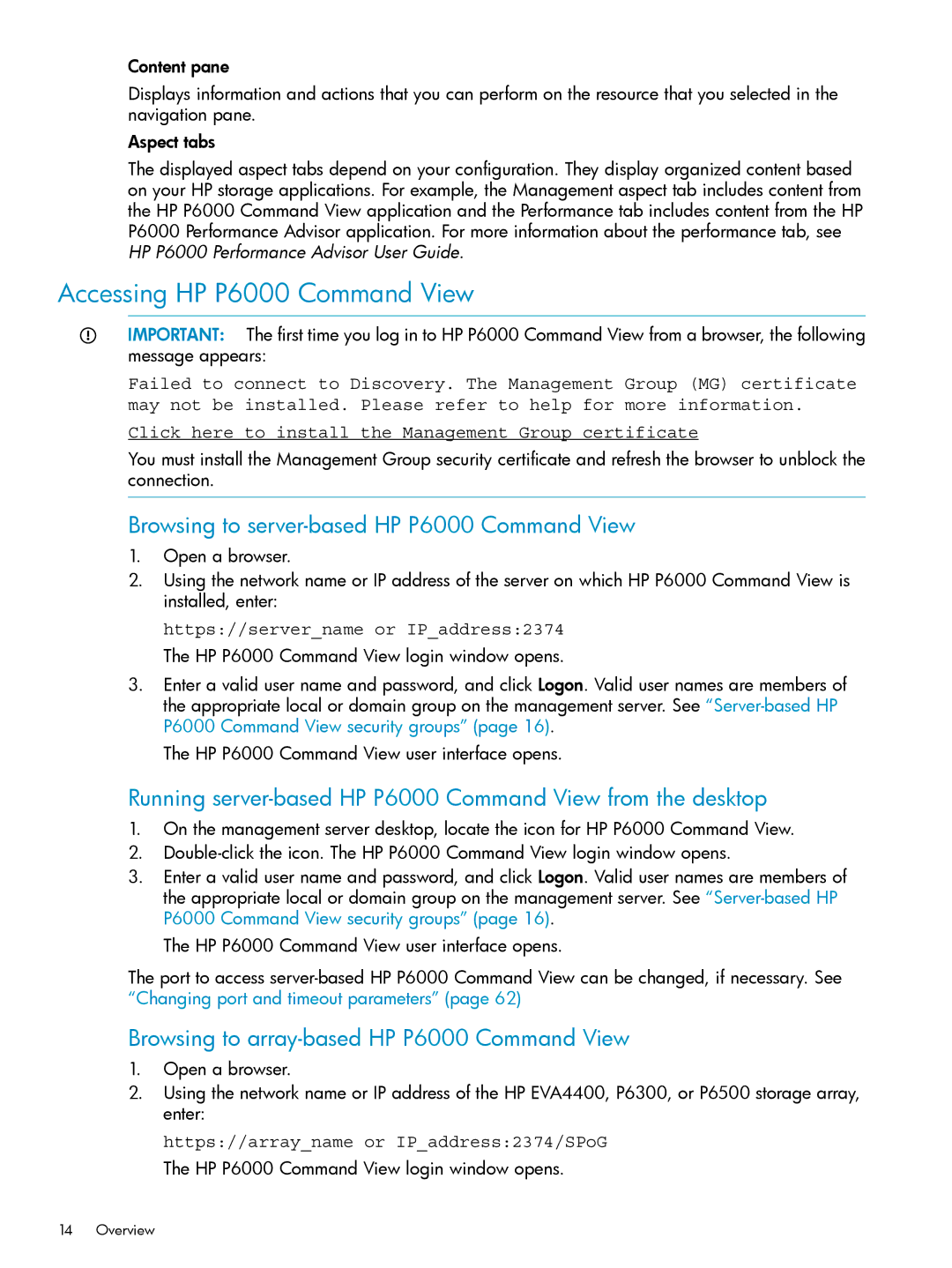 HP manual Accessing HP P6000 Command View, Browsing to server-based HP P6000 Command View 