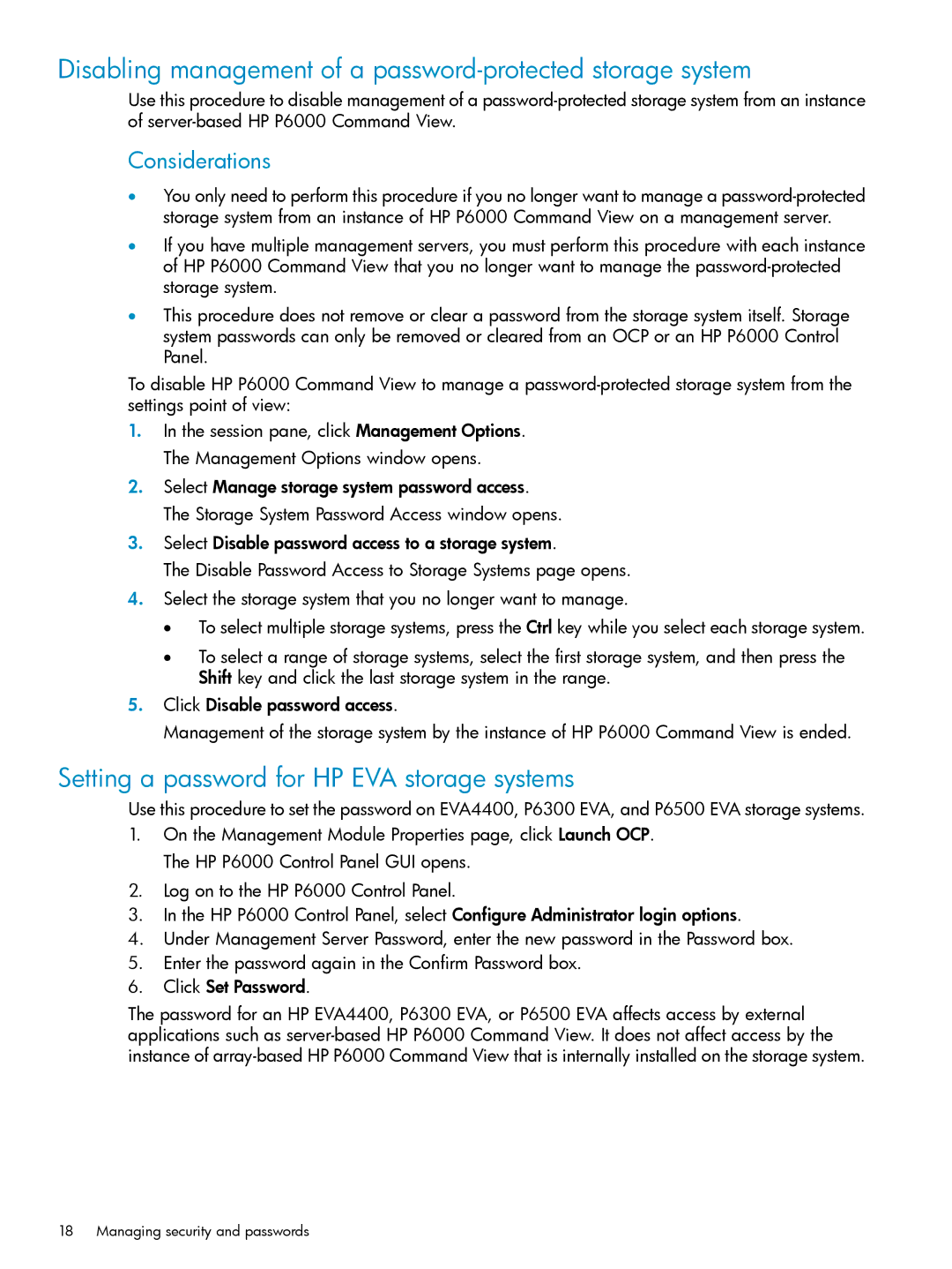 HP P6000 manual Disabling management of a password-protected storage system, Setting a password for HP EVA storage systems 