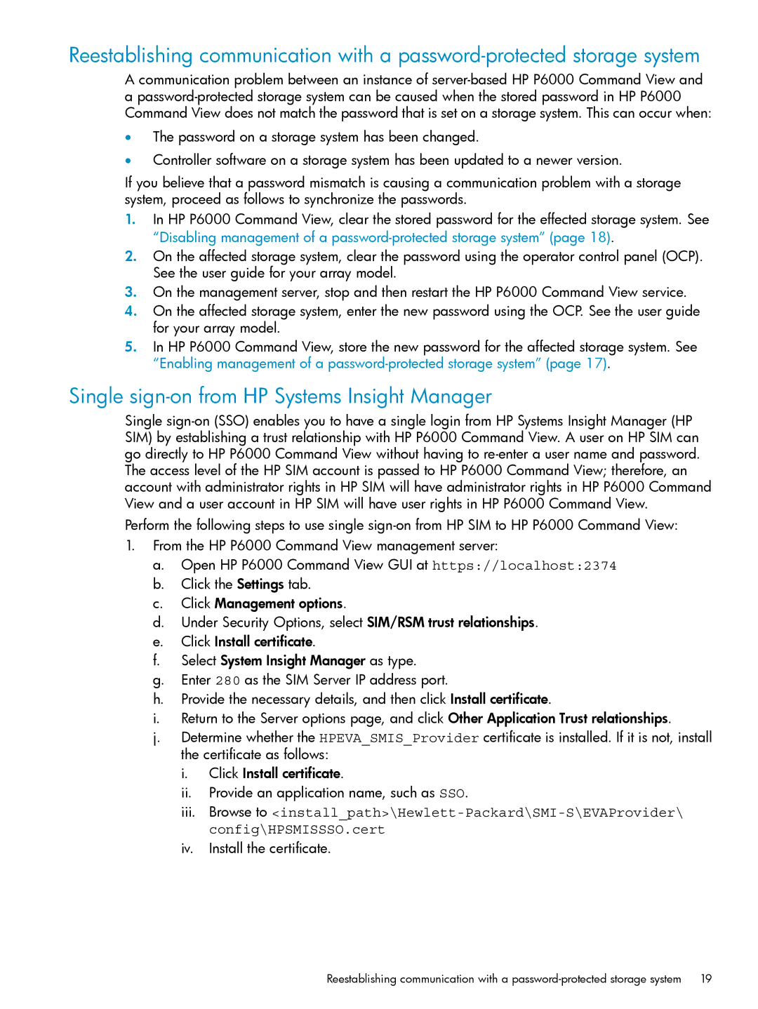 HP P6000 manual Single sign-on from HP Systems Insight Manager, Disabling management of a password-protected storage system 