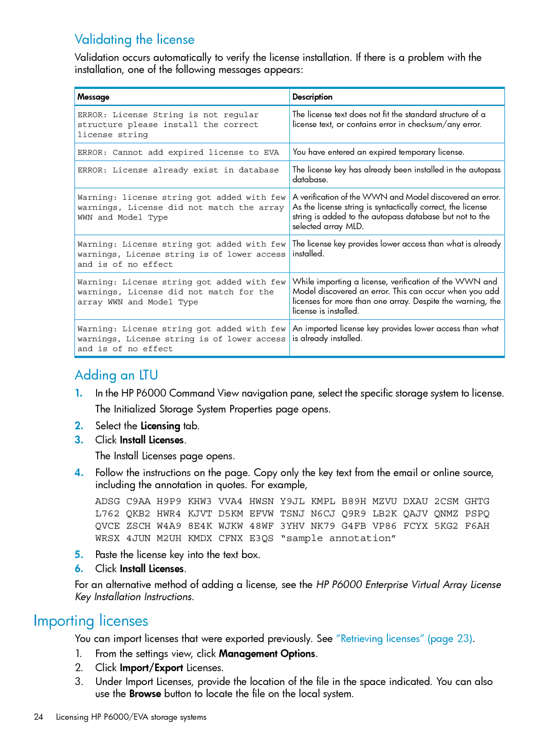 HP P6000 manual Importing licenses, Validating the license, Adding an LTU 