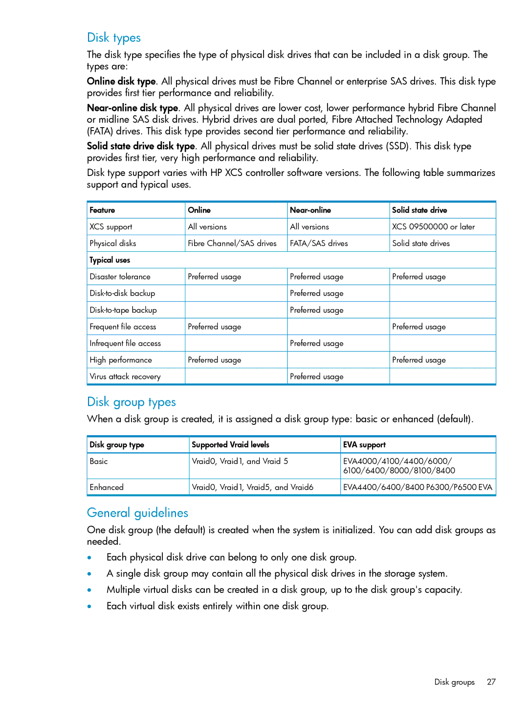 HP P6000 manual Disk types, Disk group types, General guidelines 