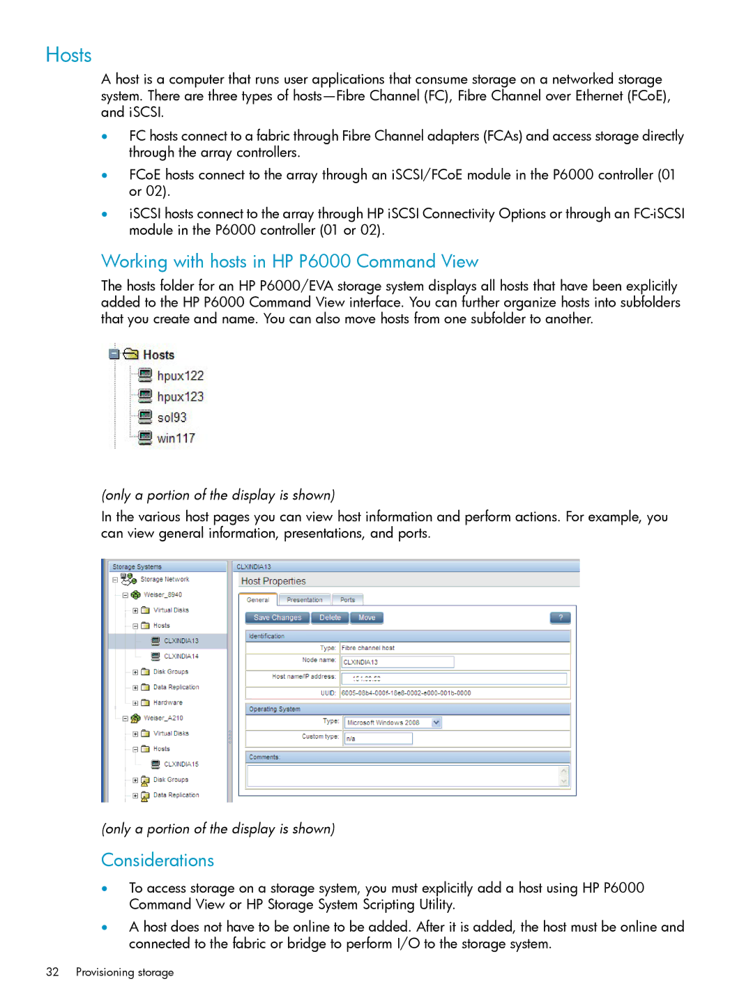 HP manual Hosts, Working with hosts in HP P6000 Command View 