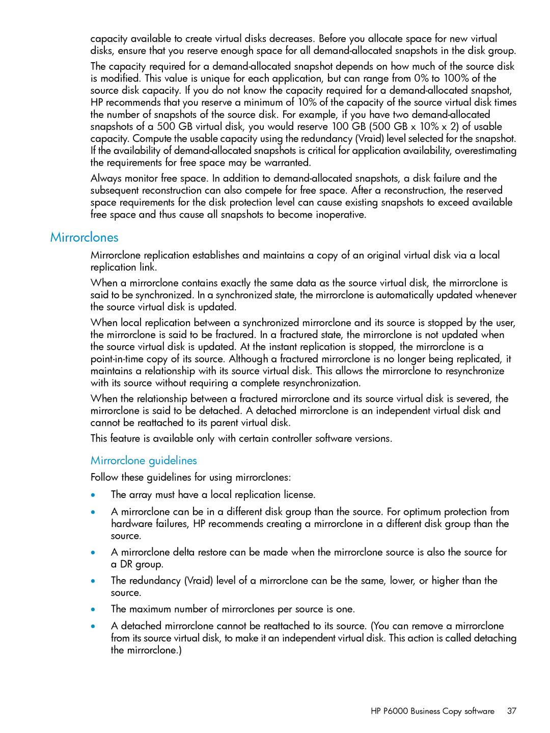 HP P6000 manual Mirrorclones, Mirrorclone guidelines 