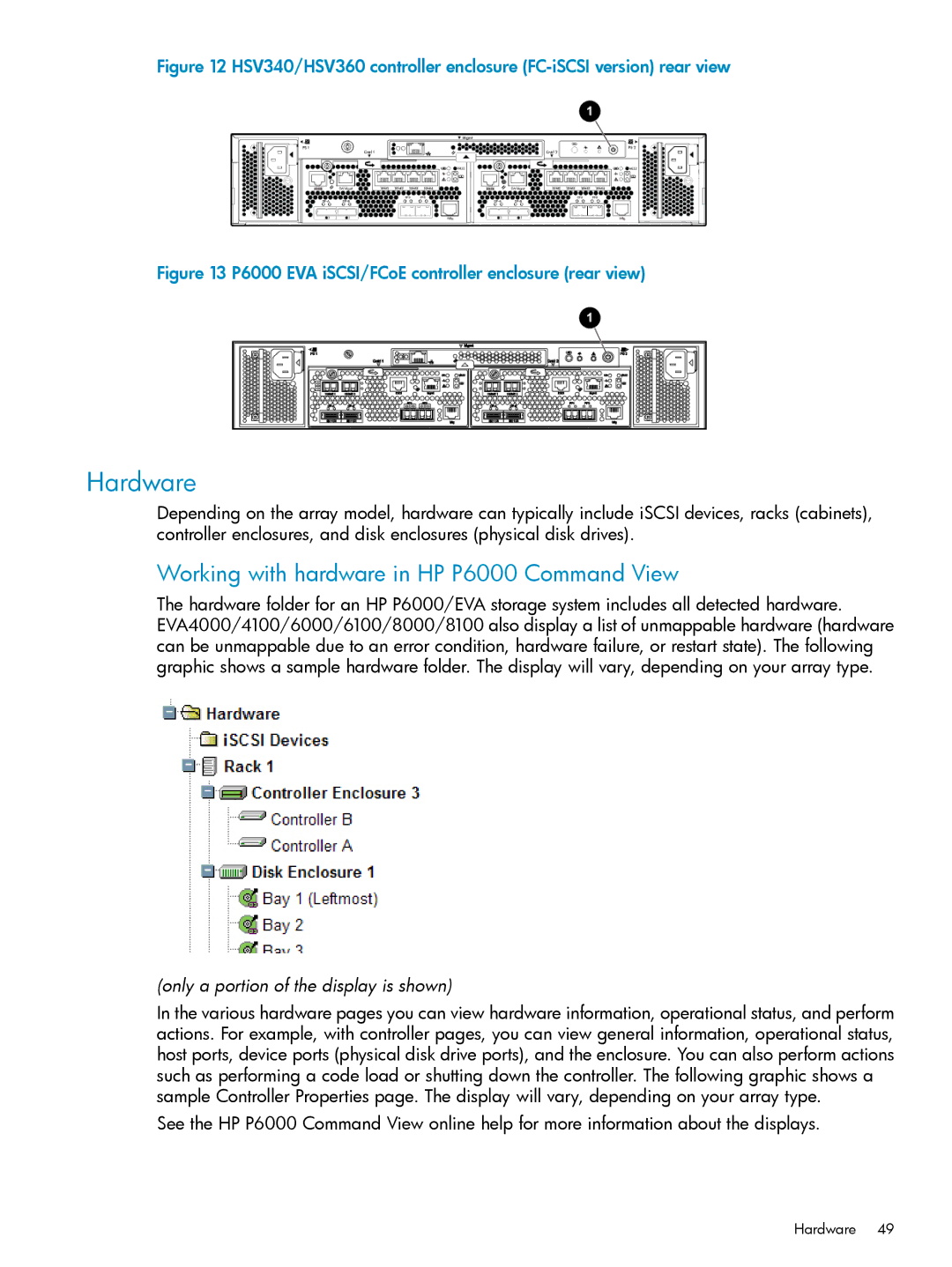 HP manual Hardware, Working with hardware in HP P6000 Command View 