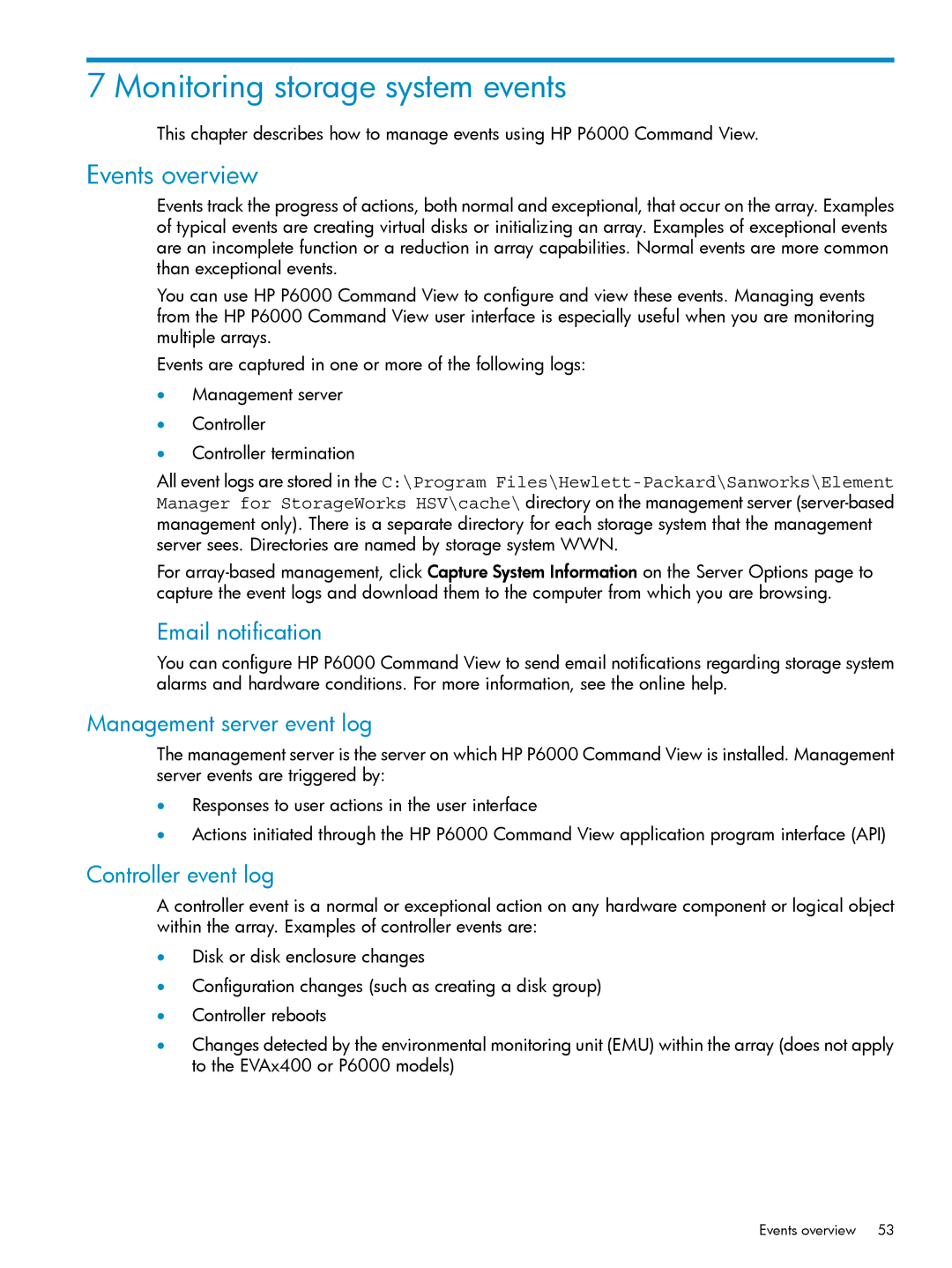 HP P6000 manual Monitoring storage system events, Events overview, Email notification, Management server event log 