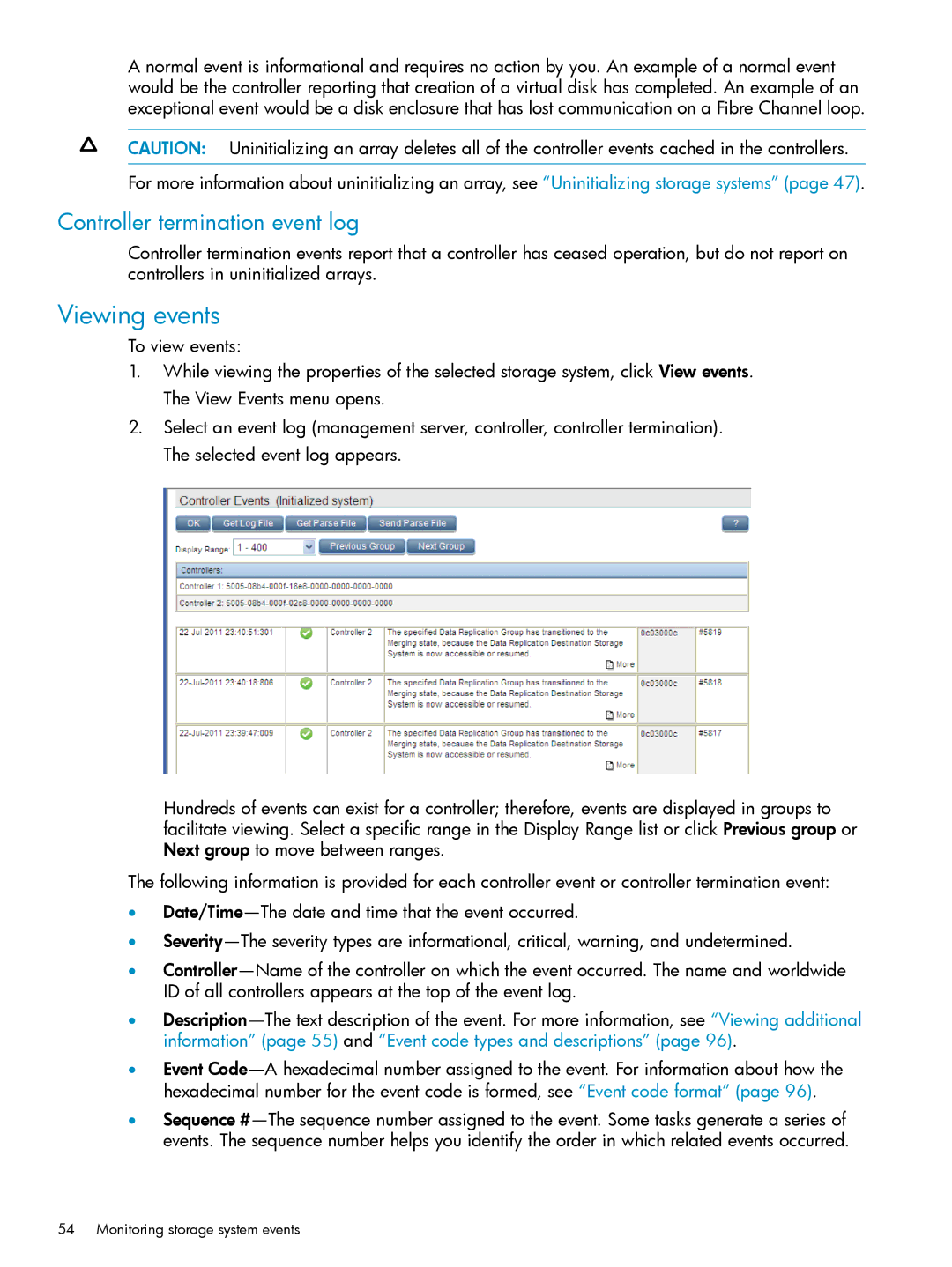 HP P6000 manual Viewing events, Controller termination event log 