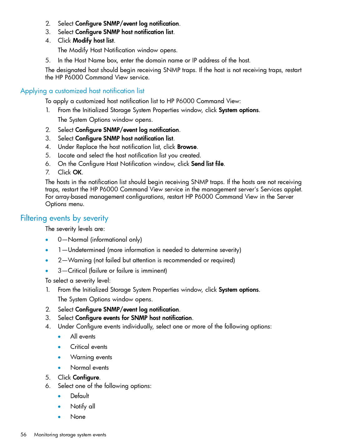 HP P6000 manual Filtering events by severity, Applying a customized host notification list 