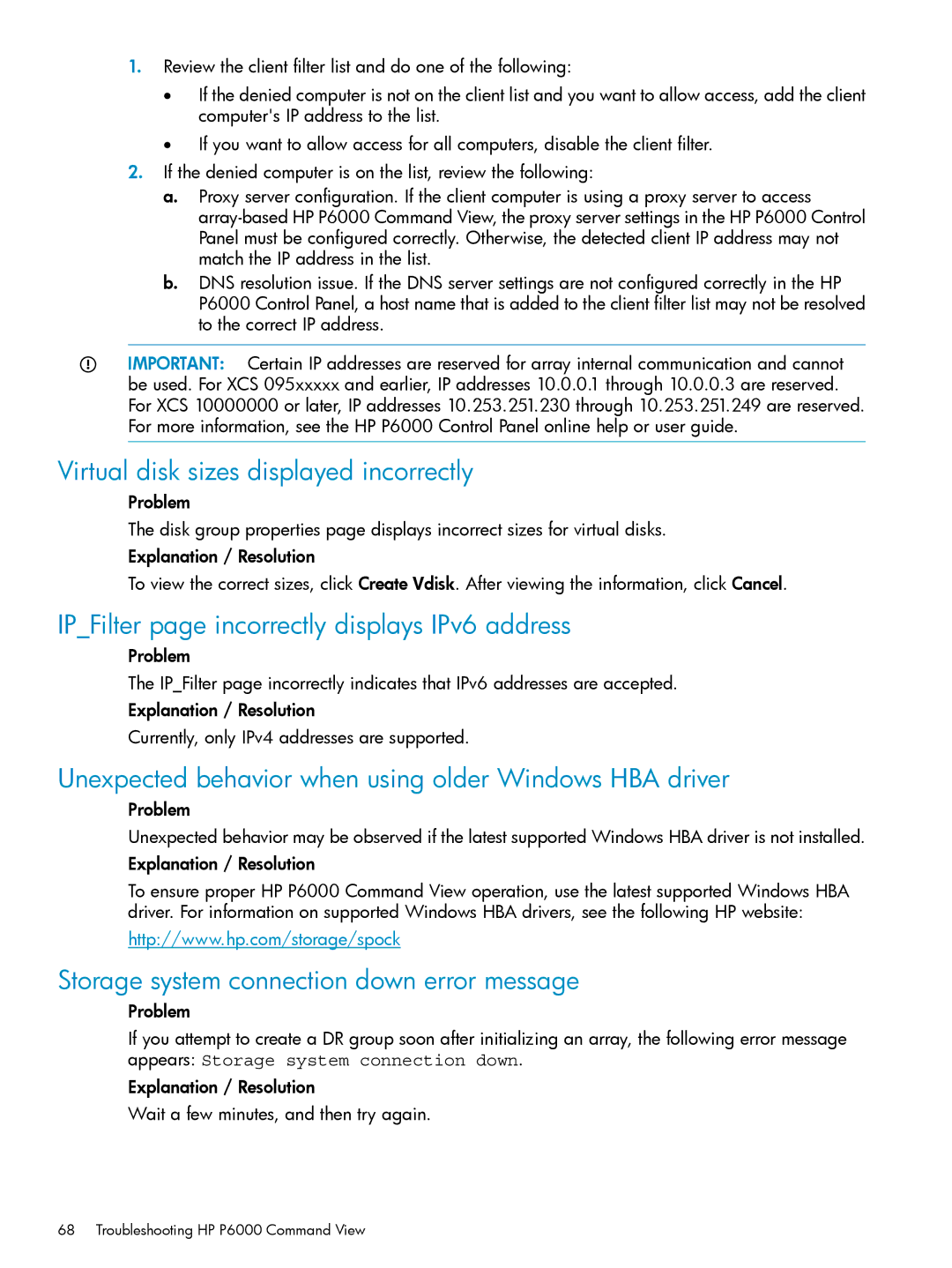 HP P6000 manual Virtual disk sizes displayed incorrectly, IPFilter page incorrectly displays IPv6 address 