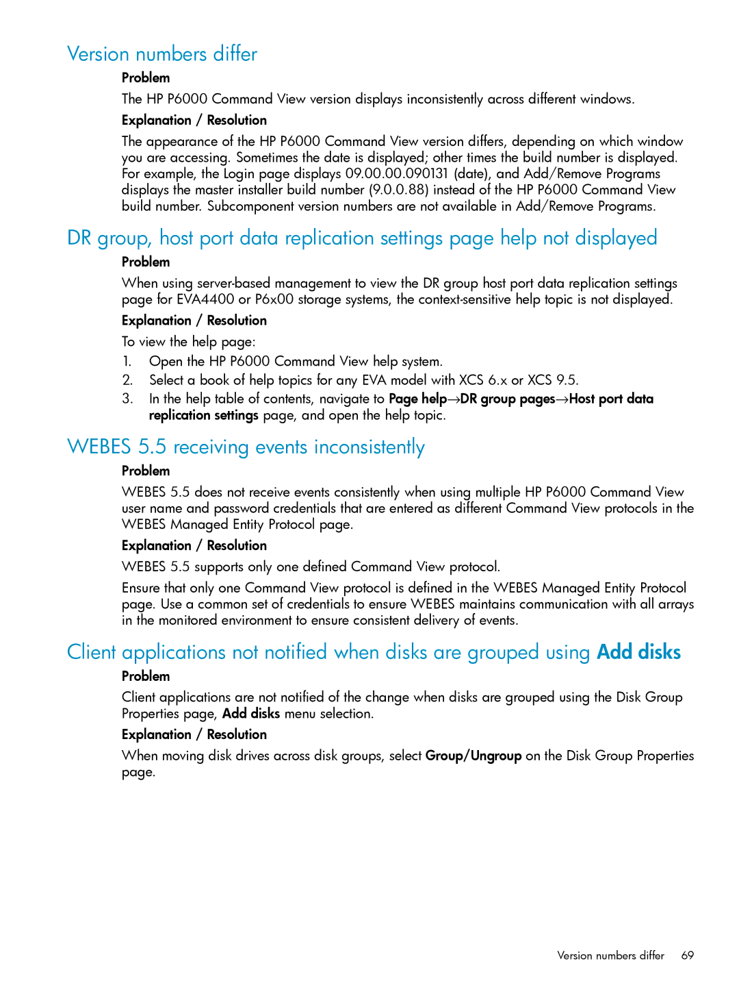 HP P6000 manual Version numbers differ, Webes 5.5 receiving events inconsistently 