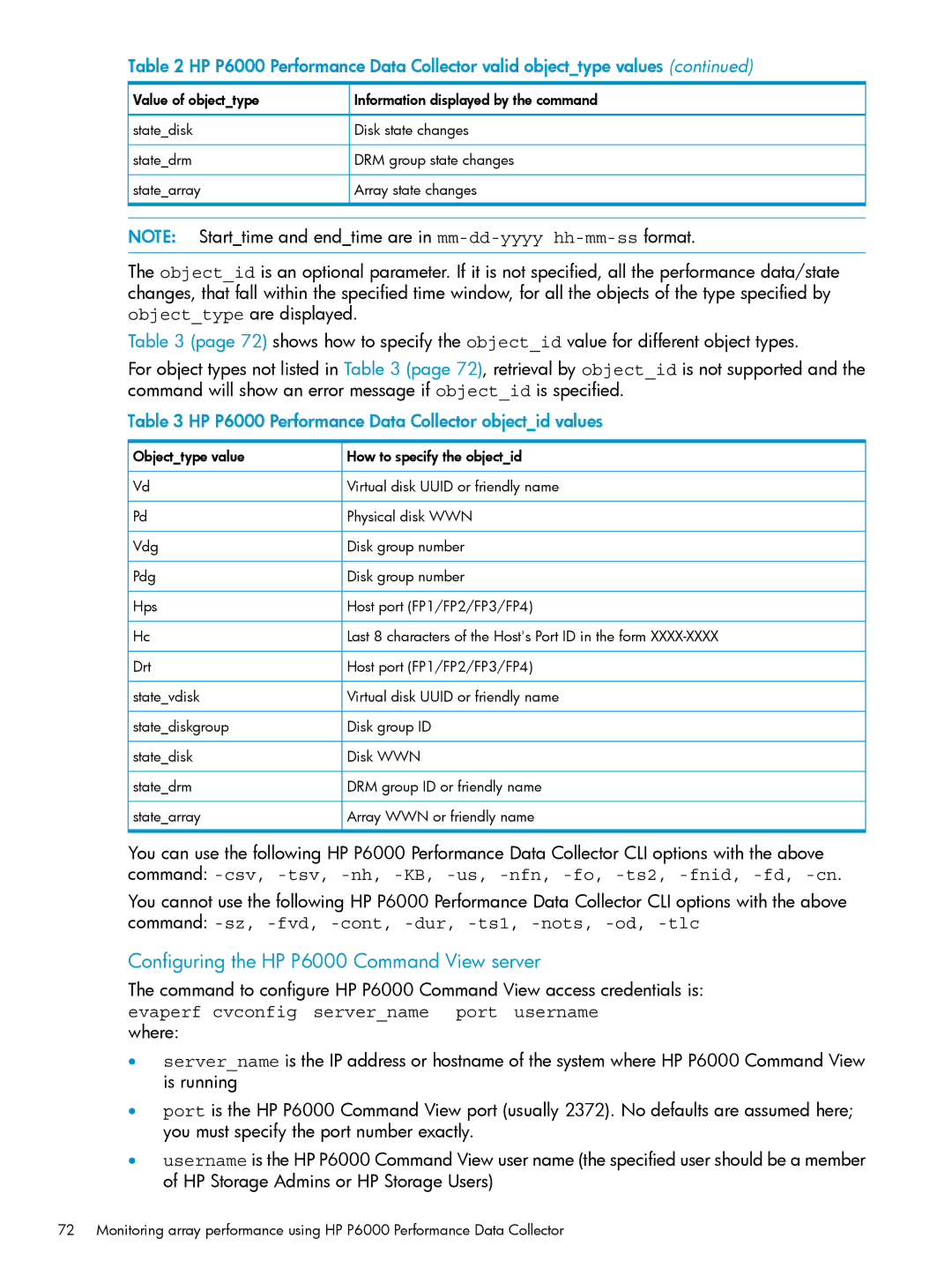 HP manual Configuring the HP P6000 Command View server, HP P6000 Performance Data Collector objectid values 