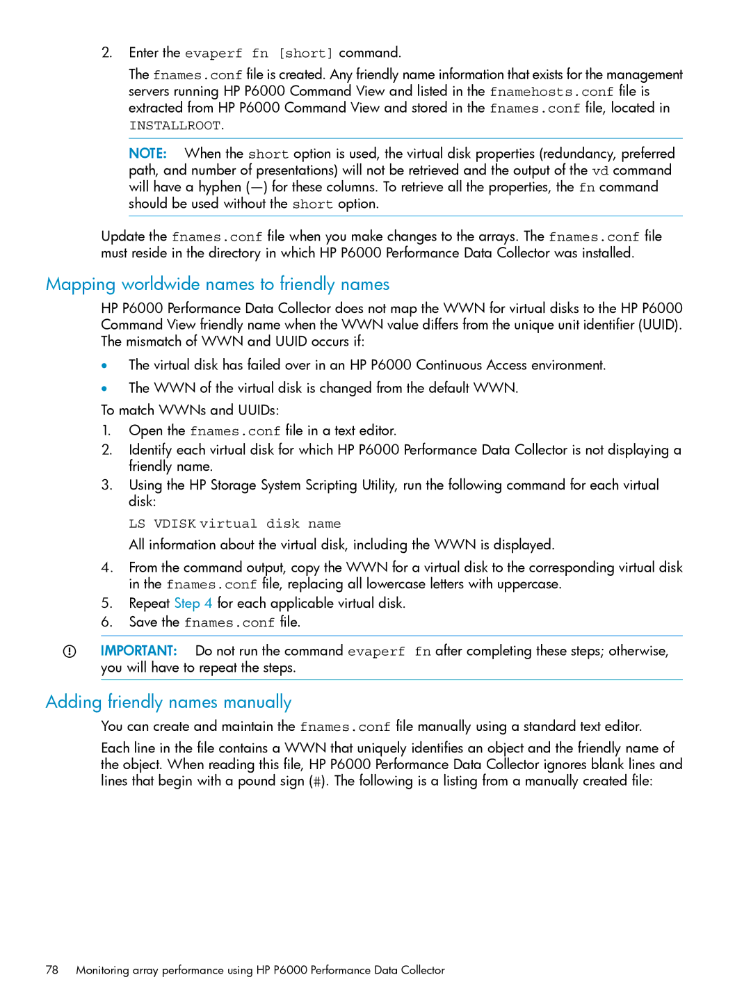 HP P6000 Mapping worldwide names to friendly names, Adding friendly names manually 