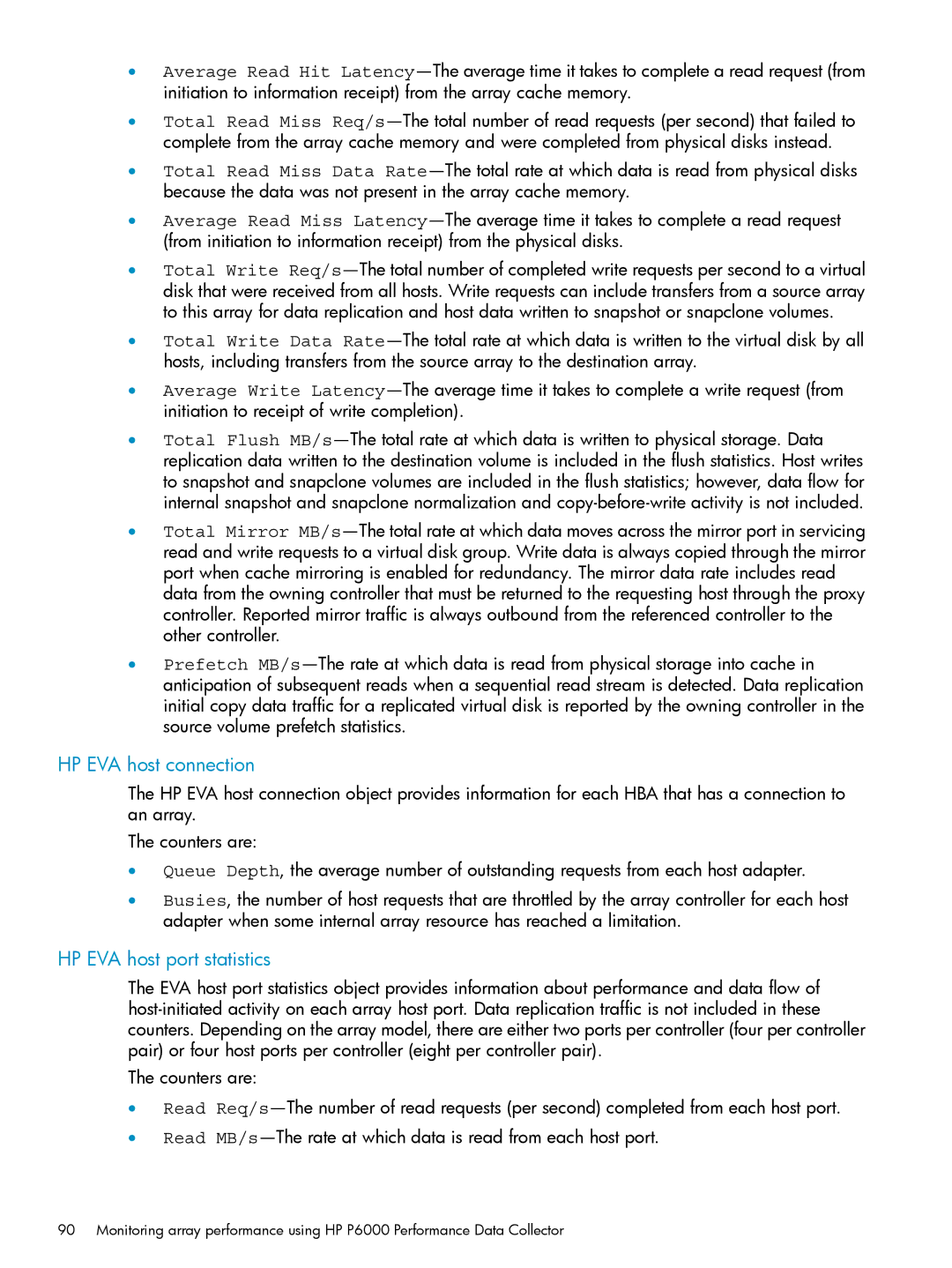 HP P6000 manual HP EVA host connection, HP EVA host port statistics 