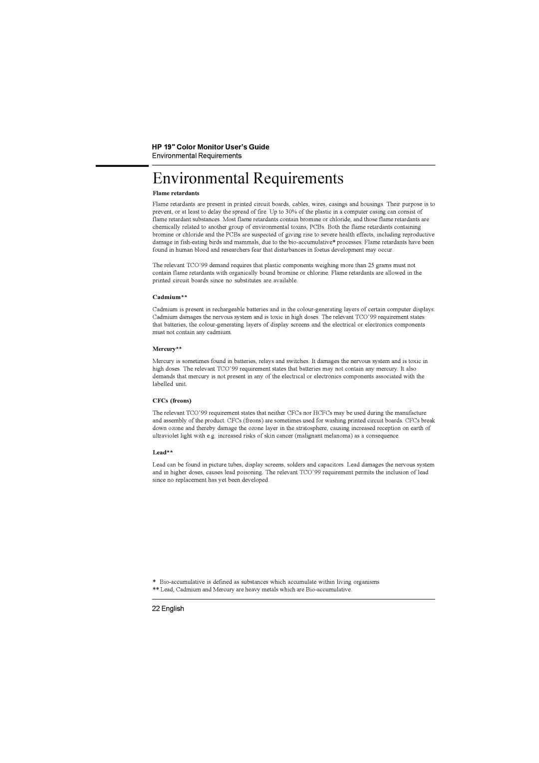 HP P910 D8910A manual Environmental Requirements, Flame retardants 