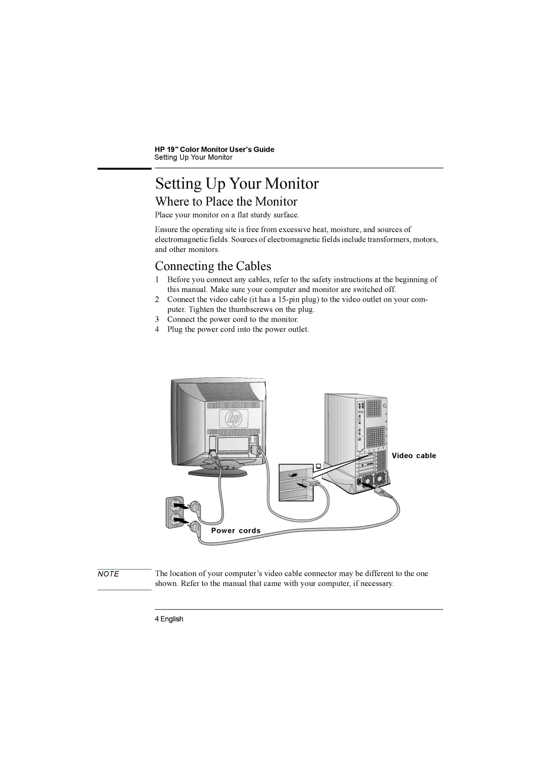 HP P910 D8910A manual Setting Up Your Monitor, Where to Place the Monitor, Connecting the Cables 