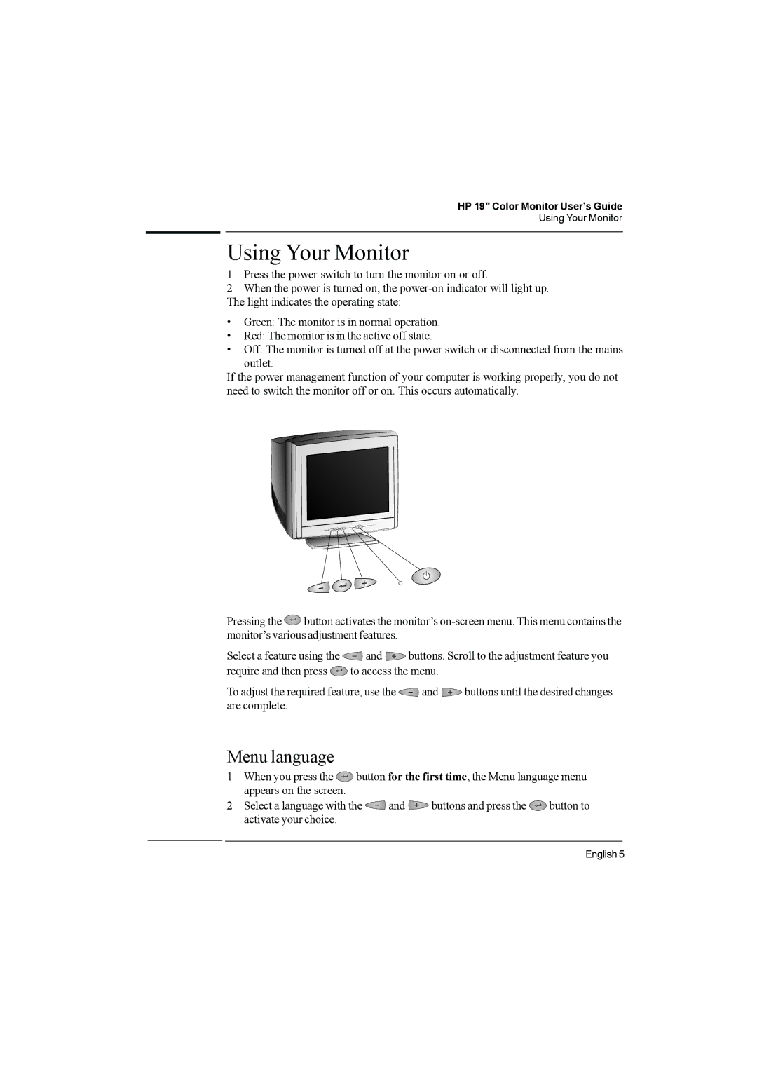 HP P910 D8910A manual Using Your Monitor, Menu language 