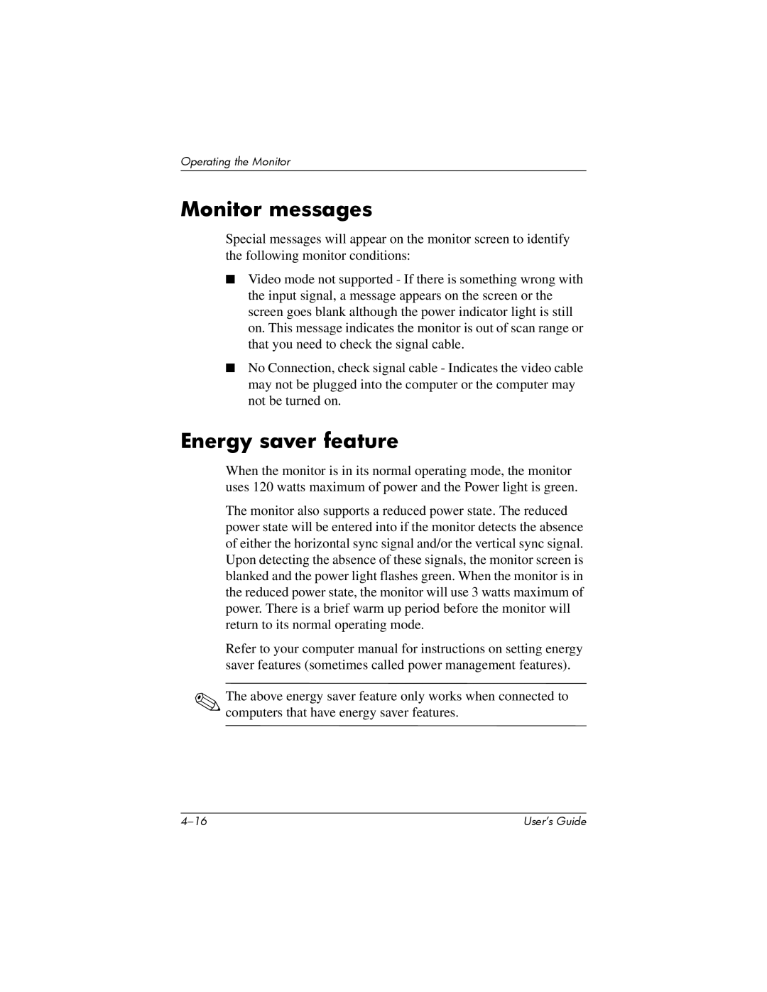 HP P930 manual Monitor messages, Energy saver feature 