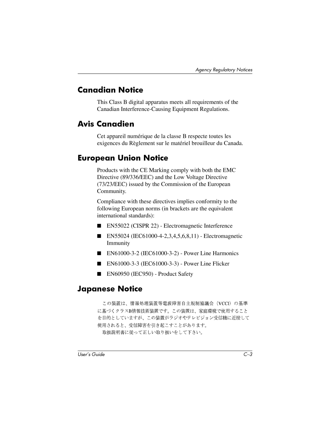 HP P930 manual Canadian Notice, Avis Canadien, European Union Notice, Japanese Notice 