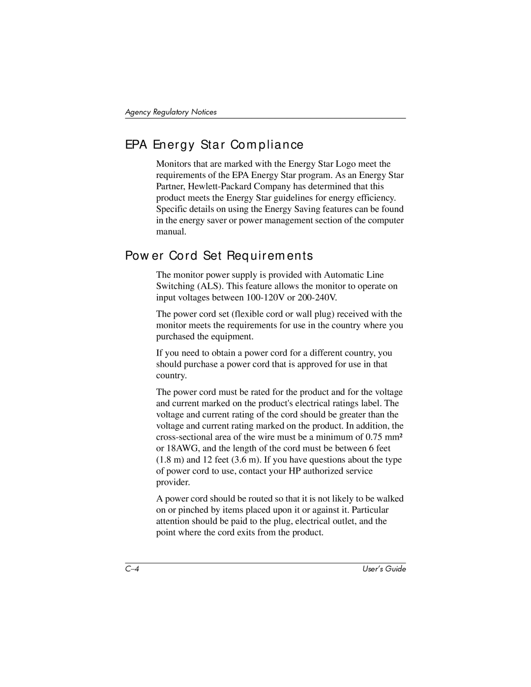 HP P930 manual EPA Energy Star Compliance, Power Cord Set Requirements 