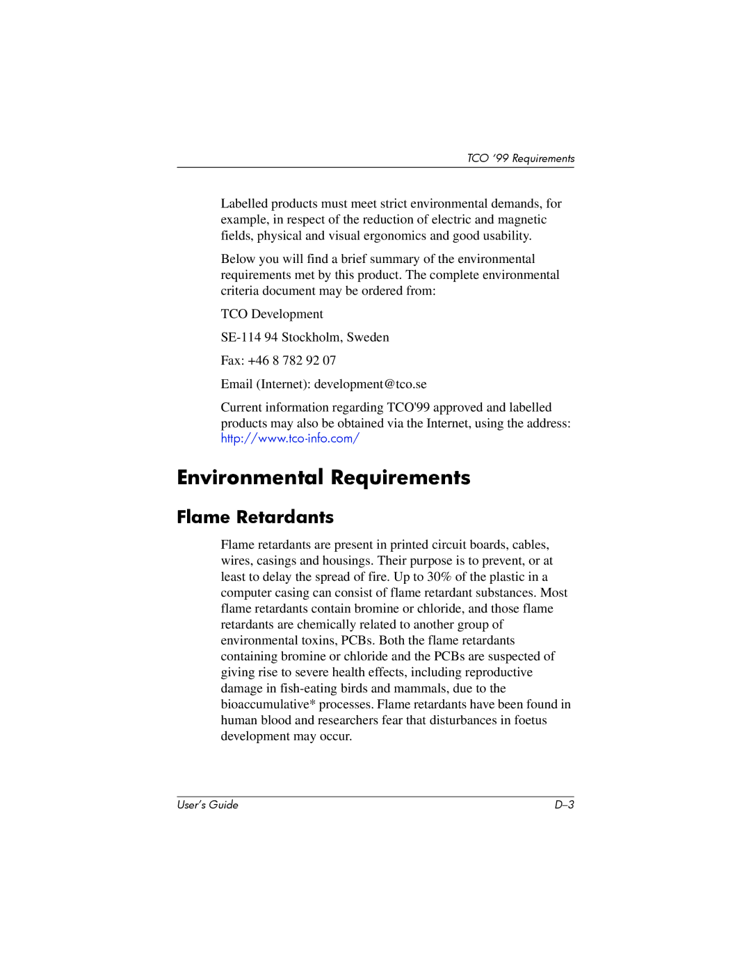 HP P930 manual Environmental Requirements, Flame Retardants 