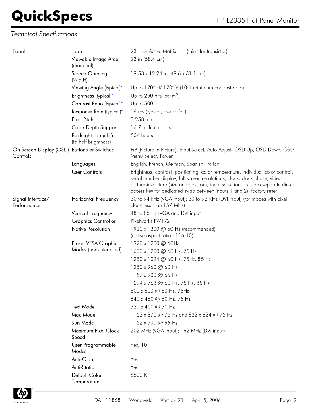 HP P9615W#xxx, P9615X#xxx, P9615A#xxx manual Technical Specifications 