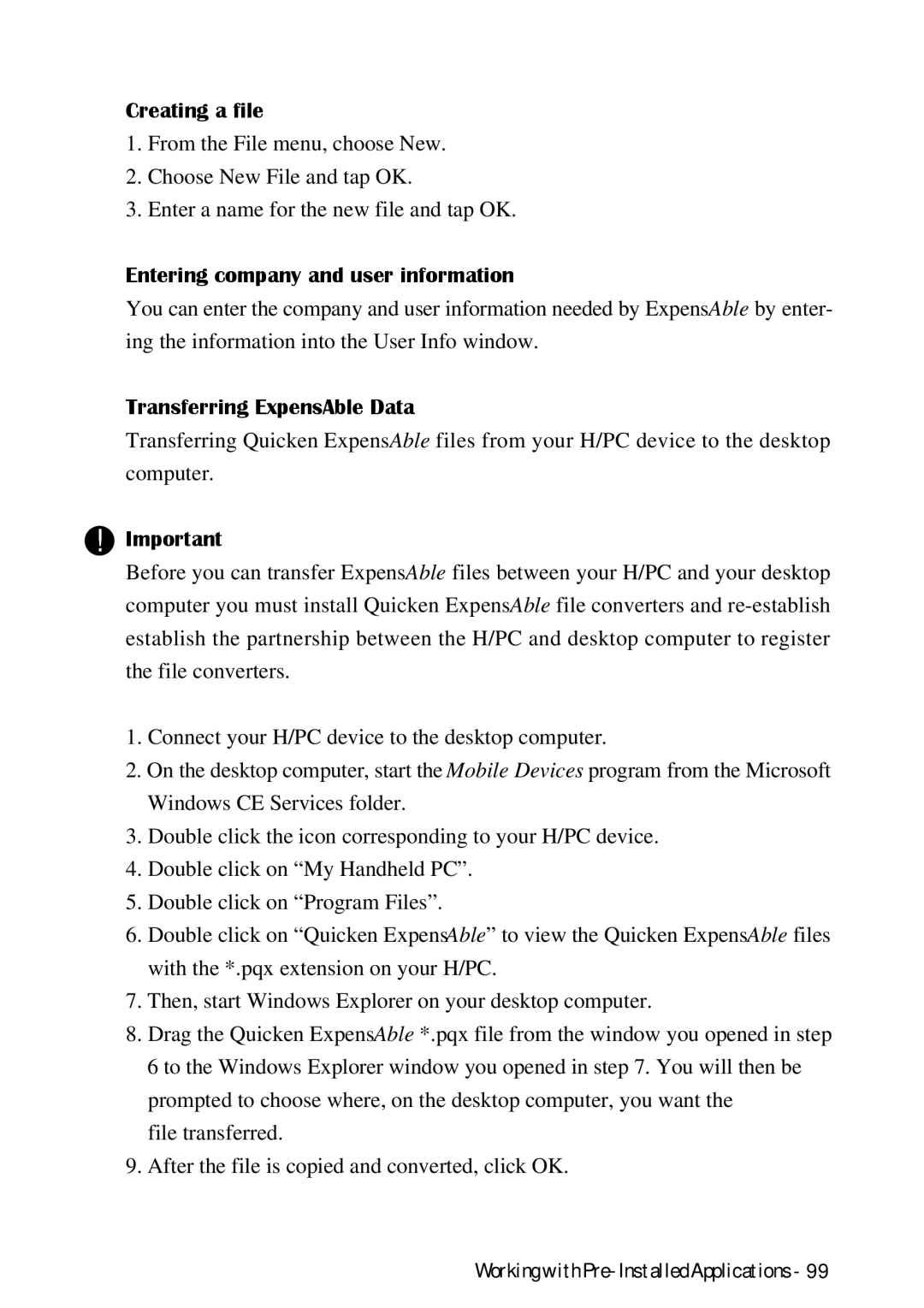 HP Palmtop 620X, Palmtop 660LX manual Creating a file, Entering company and user information, Transferring ExpensAble Data 