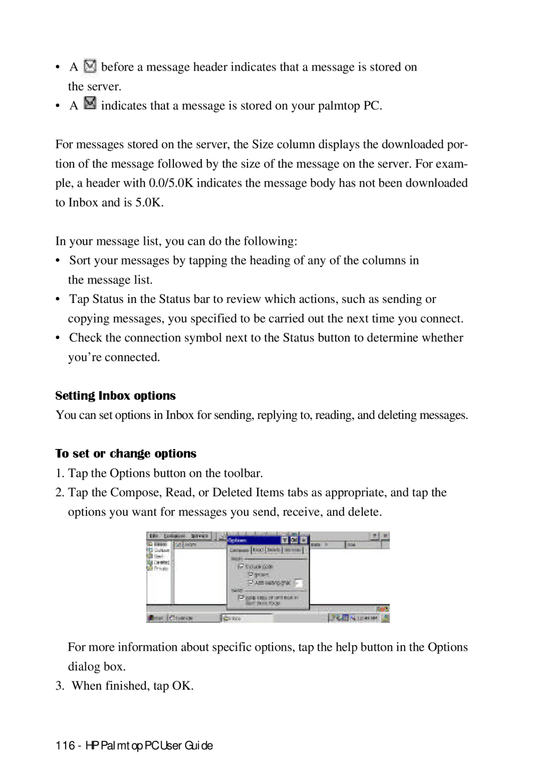 HP Palmtop 660LX, Palmtop 620X manual Setting Inbox options, To set or change options 