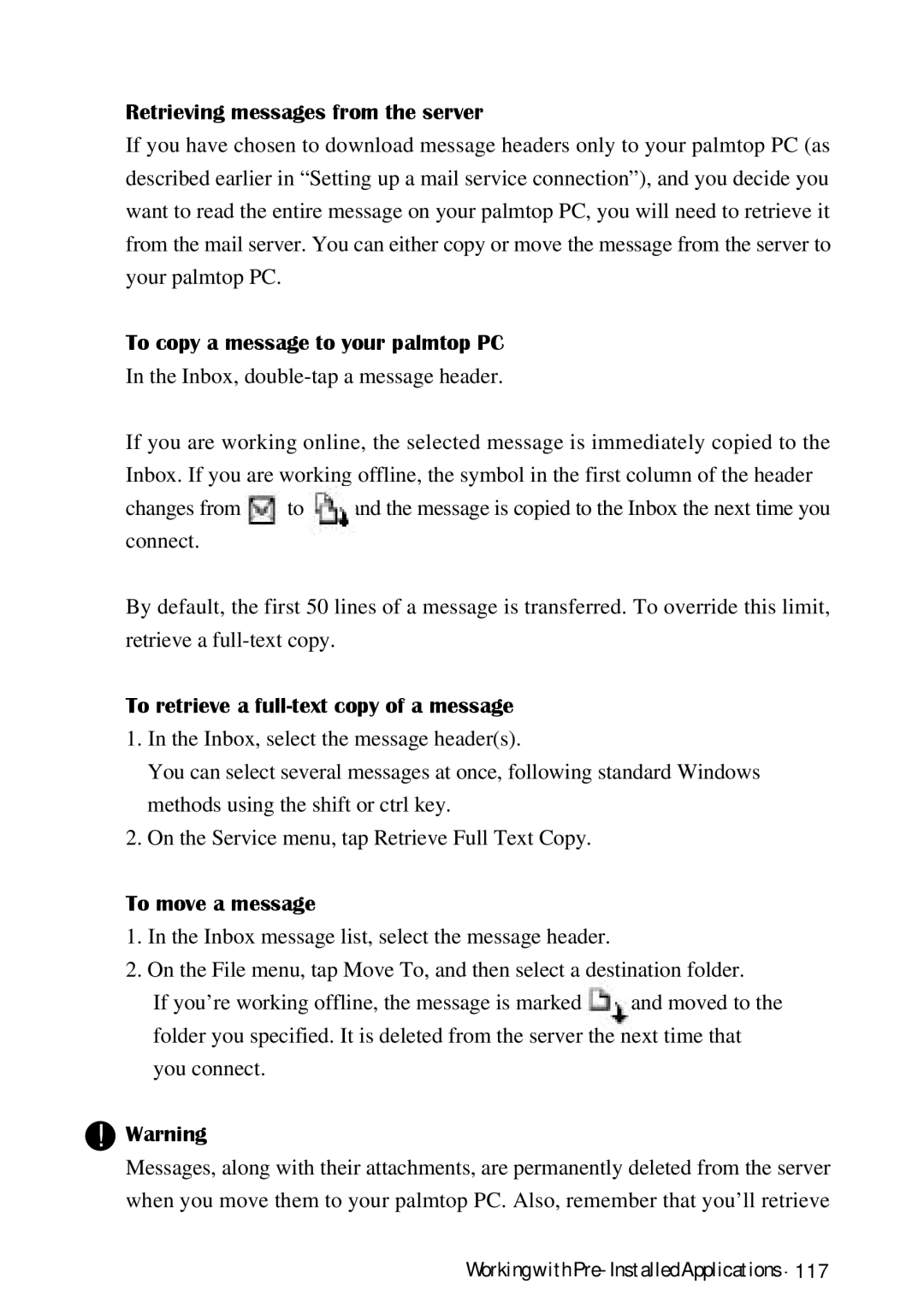 HP Palmtop 620X manual Retrieving messages from the server, To copy a message to your palmtop PC, To move a message 