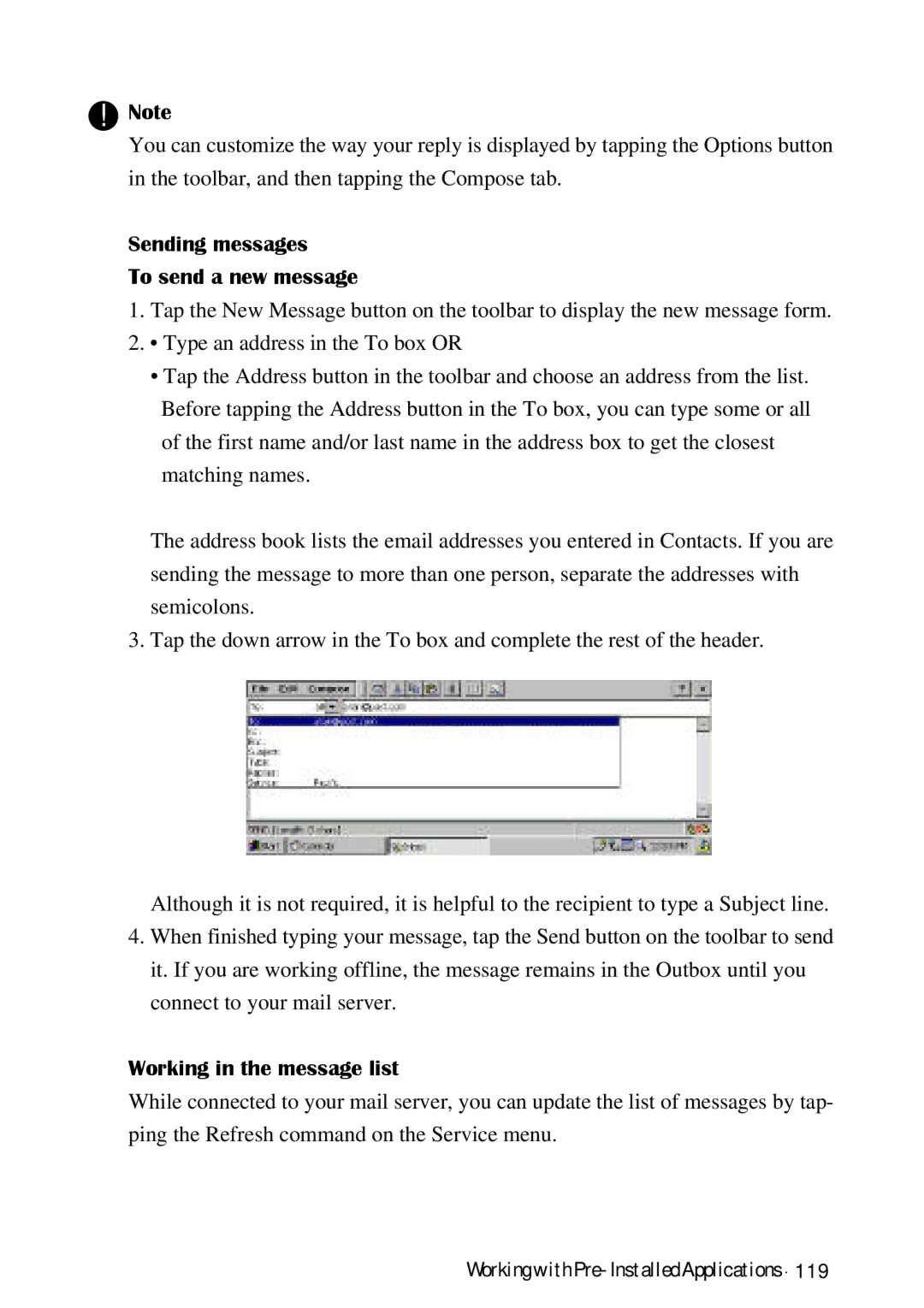 HP Palmtop 620X, Palmtop 660LX manual Sending messages To send a new message, Working in the message list 