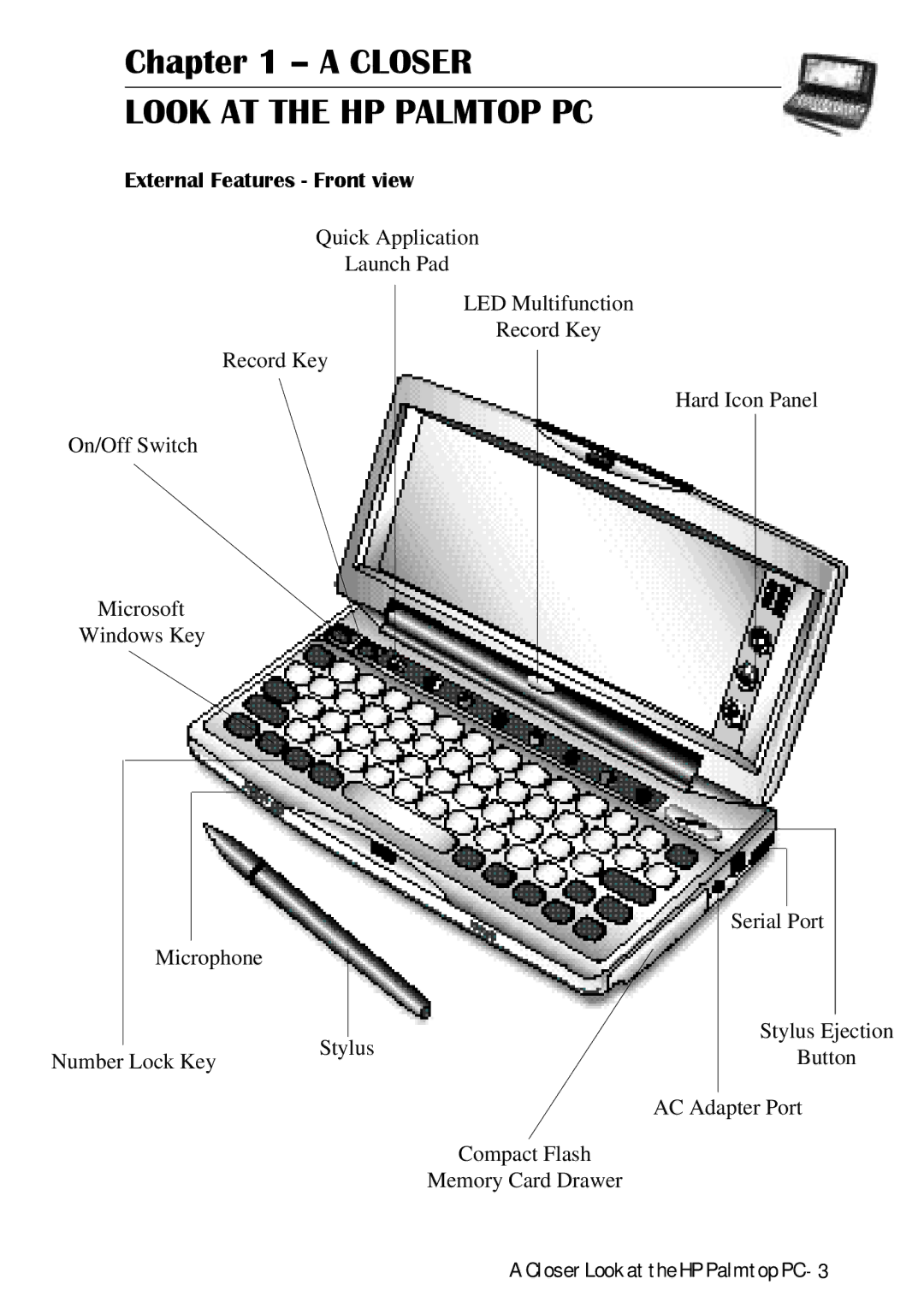 HP Palmtop 620X, Palmtop 660LX manual Look AT the HP Palmtop PC, External Features Front view 