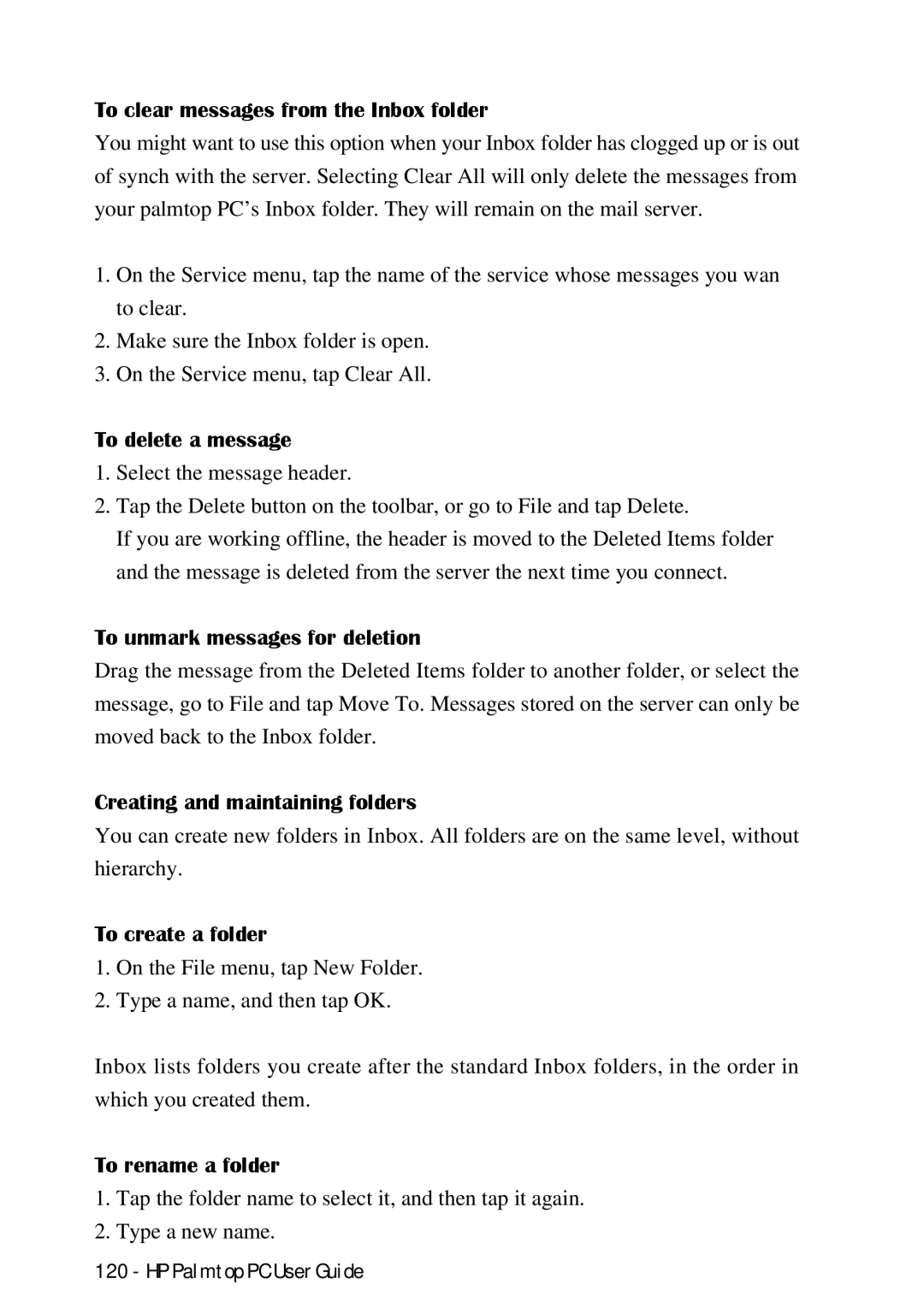 HP Palmtop 660LX manual To clear messages from the Inbox folder, To delete a message, To unmark messages for deletion 