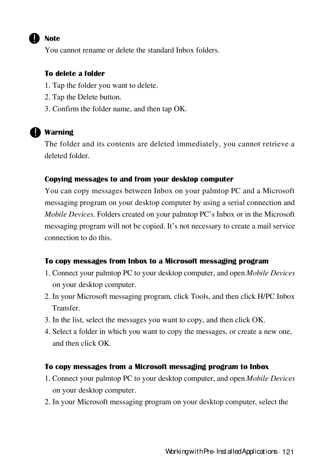 HP Palmtop 620X, Palmtop 660LX manual To delete a folder, Copying messages to and from your desktop computer 