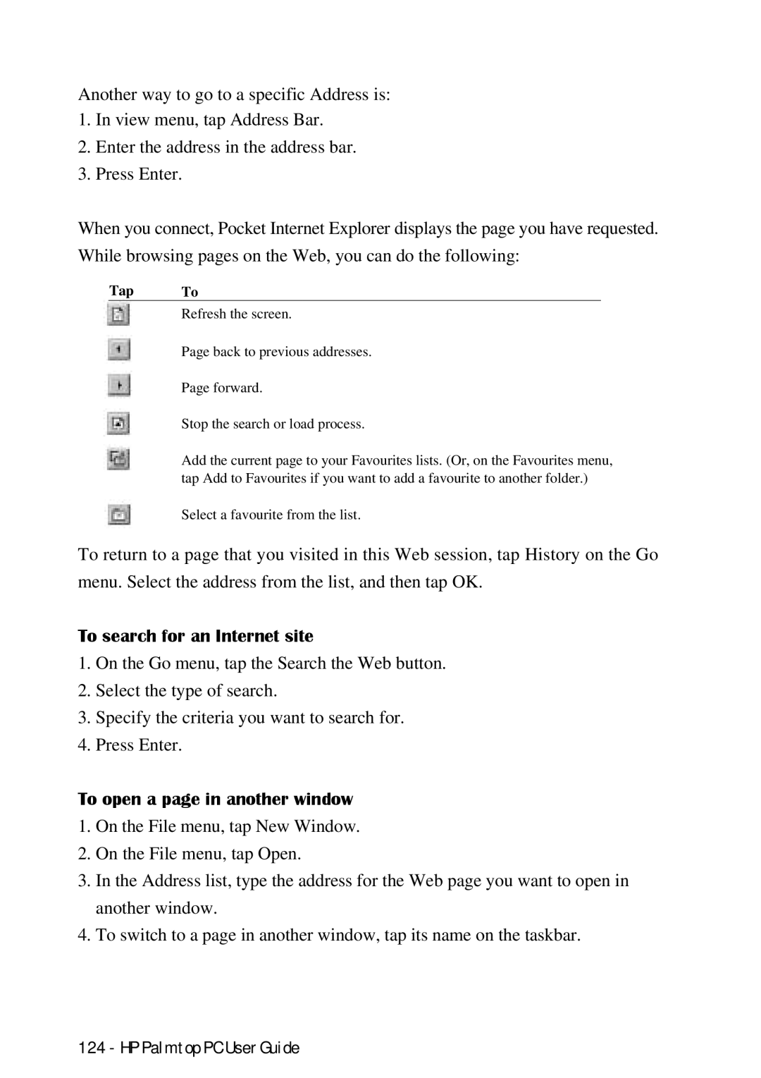 HP Palmtop 660LX, Palmtop 620X manual To search for an Internet site, To open a page in another window 