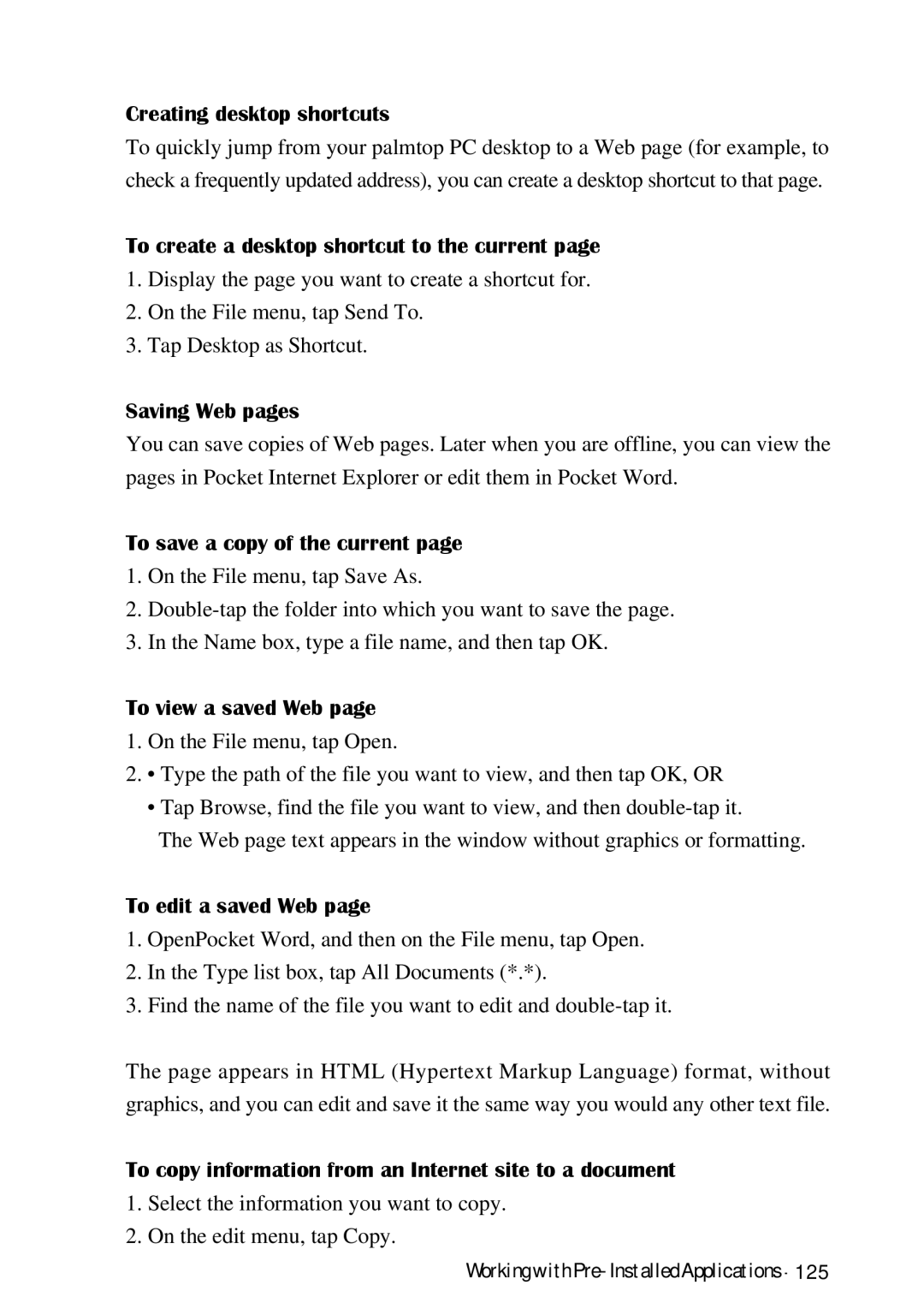 HP Palmtop 620X, Palmtop 660LX Creating desktop shortcuts, To create a desktop shortcut to the current, Saving Web pages 