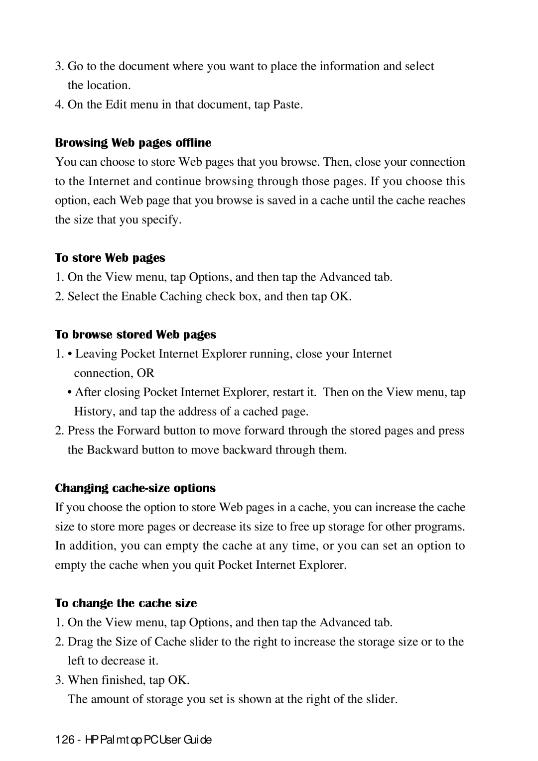HP Palmtop 660LX Browsing Web pages offline, To store Web pages, To browse stored Web pages, Changing cache-size options 