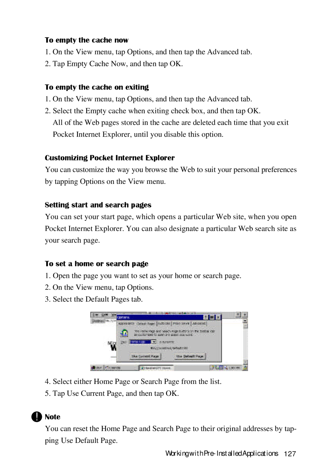 HP Palmtop 620X, Palmtop 660LX To empty the cache now, To empty the cache on exiting, Customizing Pocket Internet Explorer 