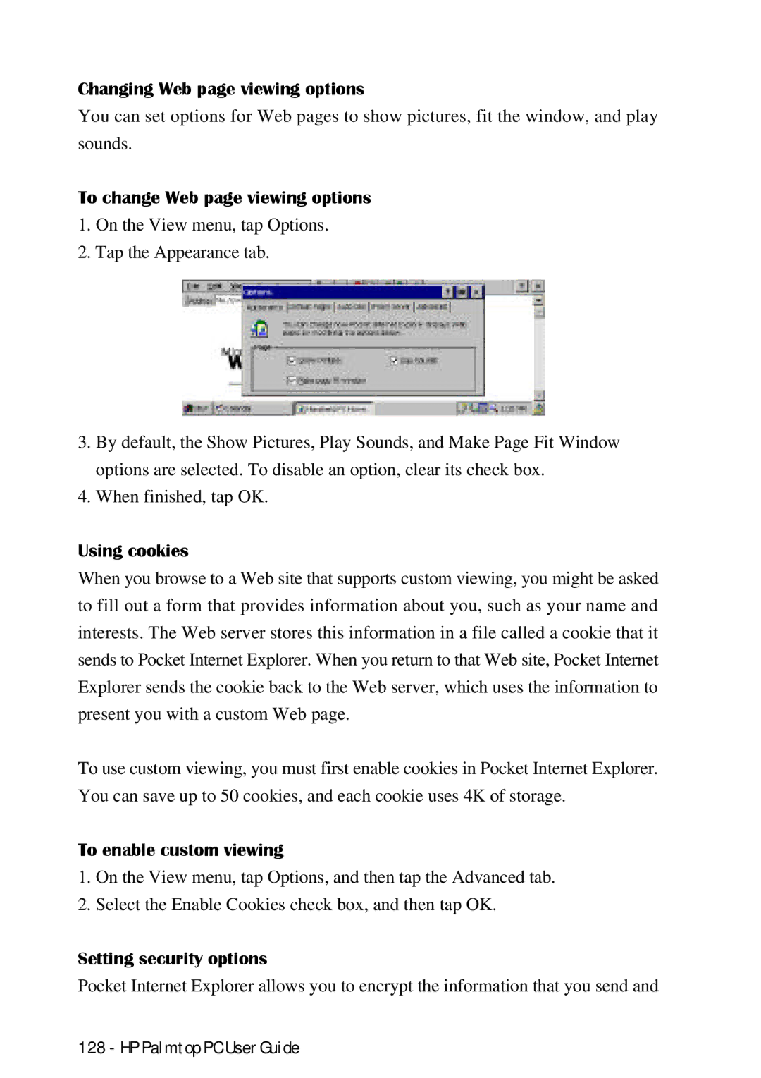 HP Palmtop 660LX, Palmtop 620X manual Changing Web page viewing options, To change Web page viewing options, Using cookies 