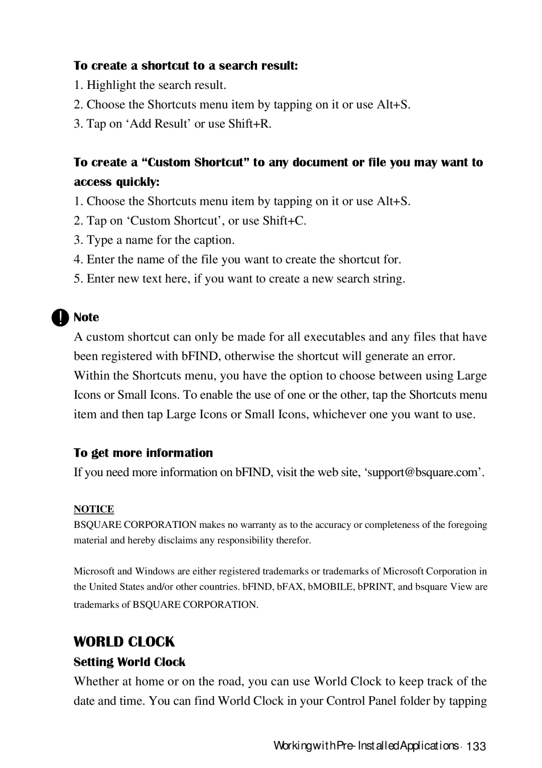 HP Palmtop 620X, Palmtop 660LX To create a shortcut to a search result, To get more information, Setting World Clock 