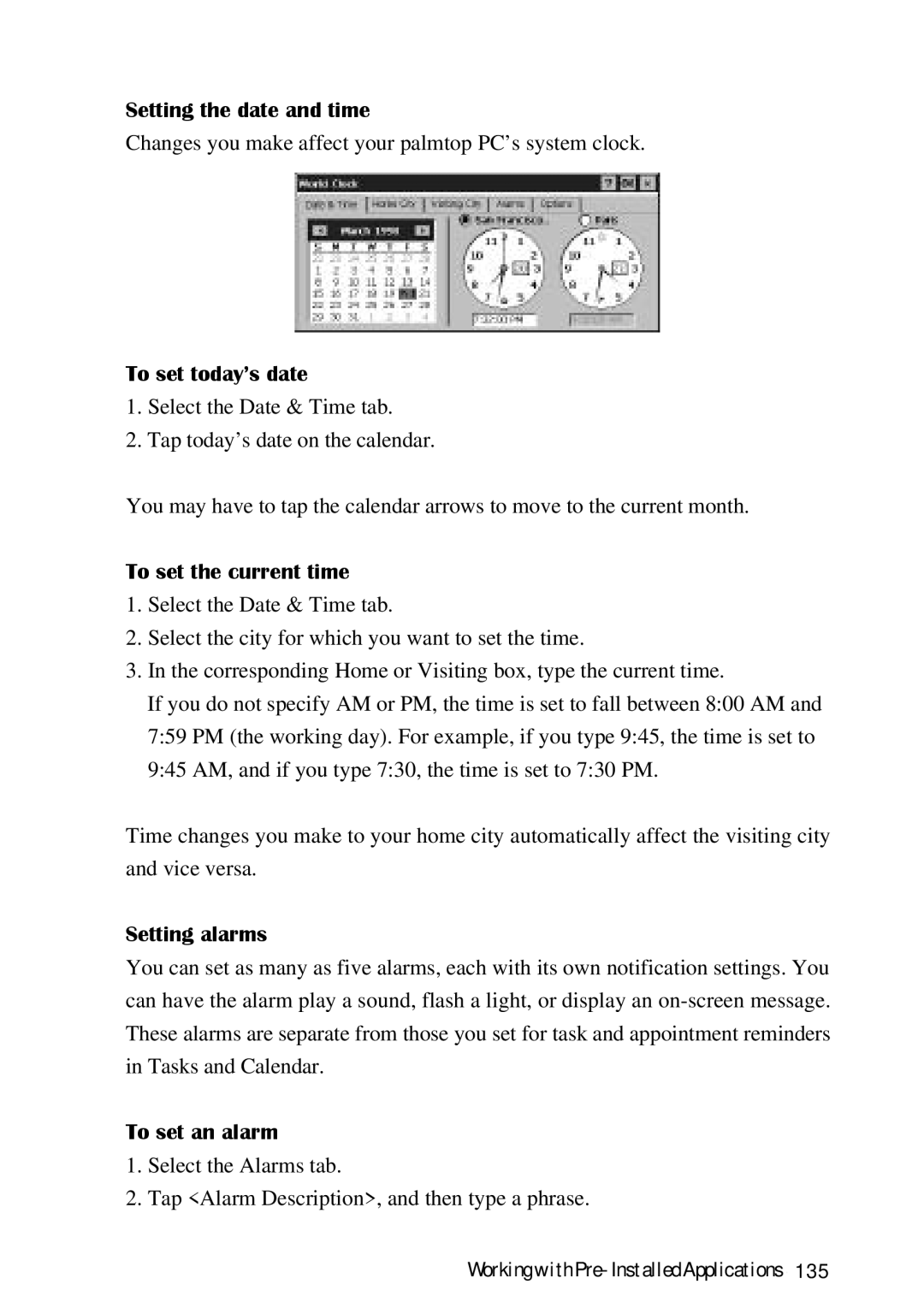 HP Palmtop 620X Setting the date and time, To set today’s date, To set the current time, Setting alarms, To set an alarm 