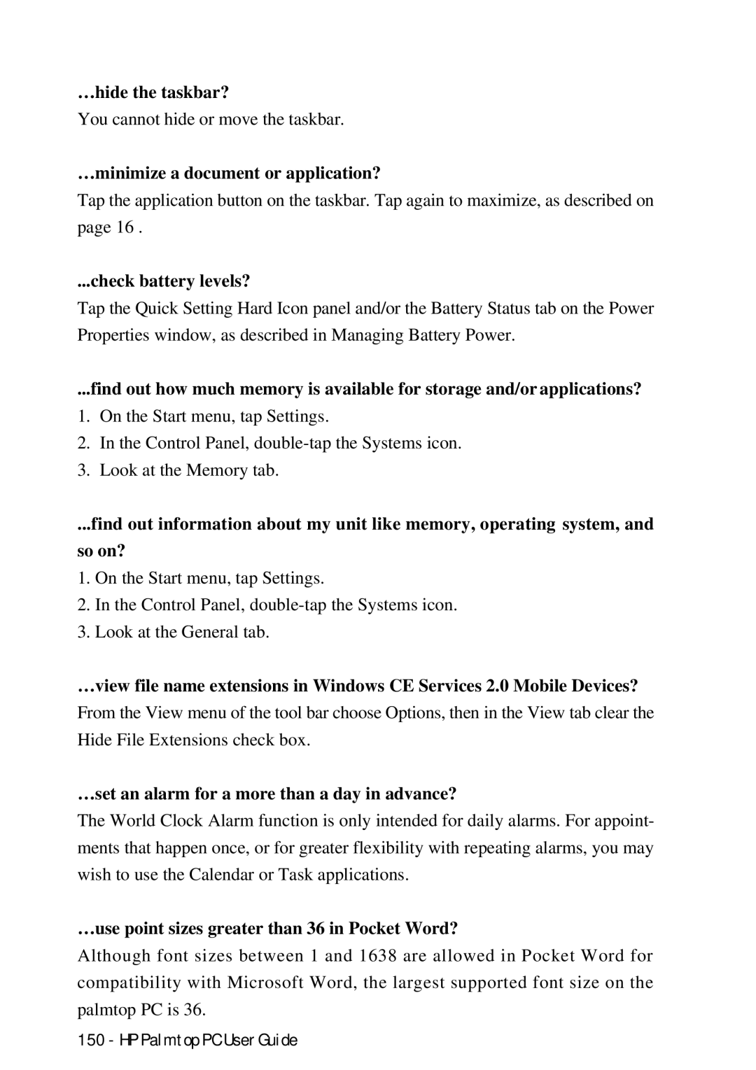 HP Palmtop 660LX, Palmtop 620X manual …hide the taskbar?, …minimize a document or application?, Check battery levels? 