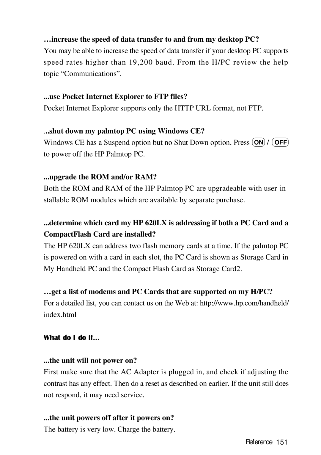 HP Palmtop 620X, Palmtop 660LX manual Use Pocket Internet Explorer to FTP files?, Shut down my palmtop PC using Windows CE? 