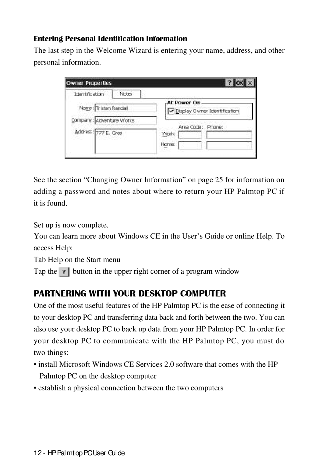 HP Palmtop 660LX, Palmtop 620X manual Partnering with Your Desktop Computer, Entering Personal Identification Information 