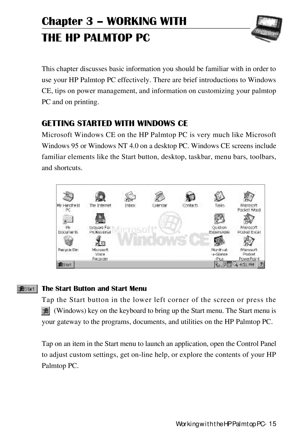 HP Palmtop 620X, Palmtop 660LX manual Getting Started with Windows CE, Start Button and Start Menu 