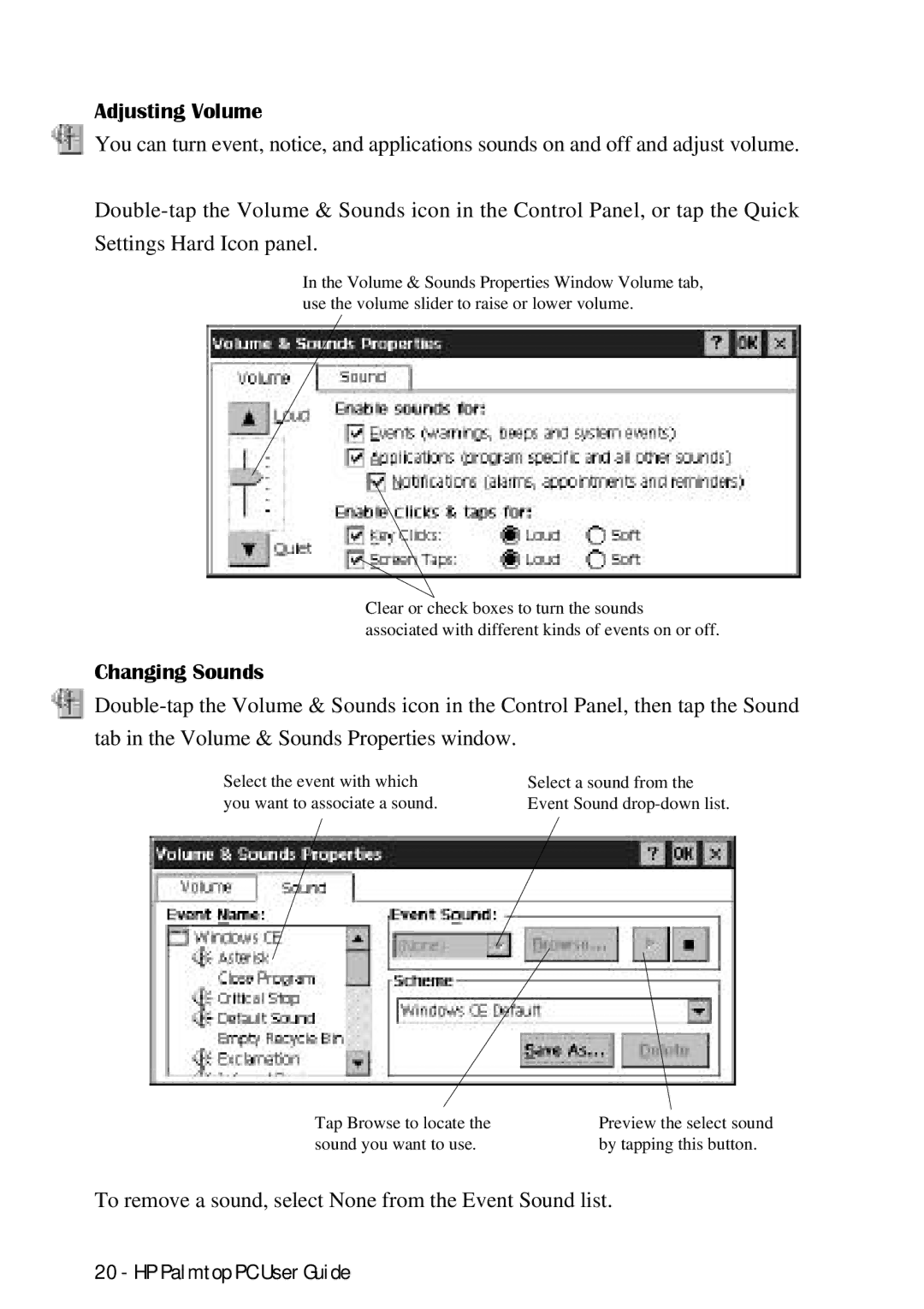 HP Palmtop 660LX, Palmtop 620X manual Adjusting Volume, Changing Sounds 