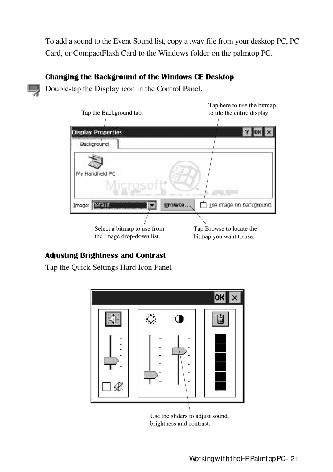 HP Palmtop 620X, Palmtop 660LX manual Changing the Background of the Windows CE Desktop, Adjusting Brightness and Contrast 