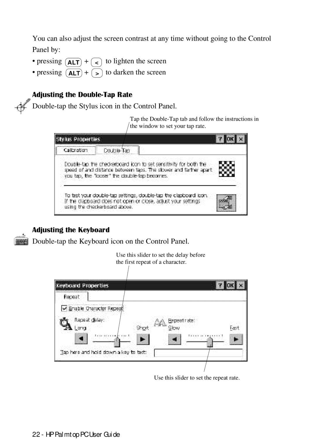 HP Palmtop 660LX, Palmtop 620X manual Adjusting the Double-Tap Rate, Adjusting the Keyboard 