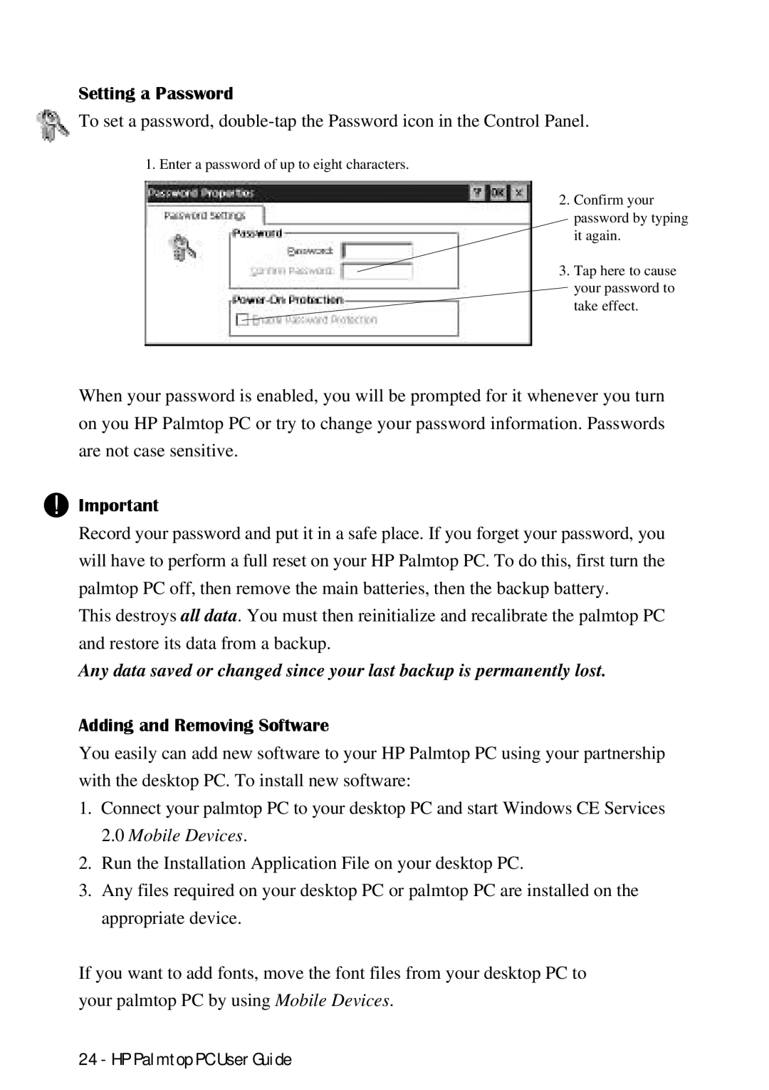 HP Palmtop 660LX, Palmtop 620X manual Setting a Password, Adding and Removing Software 