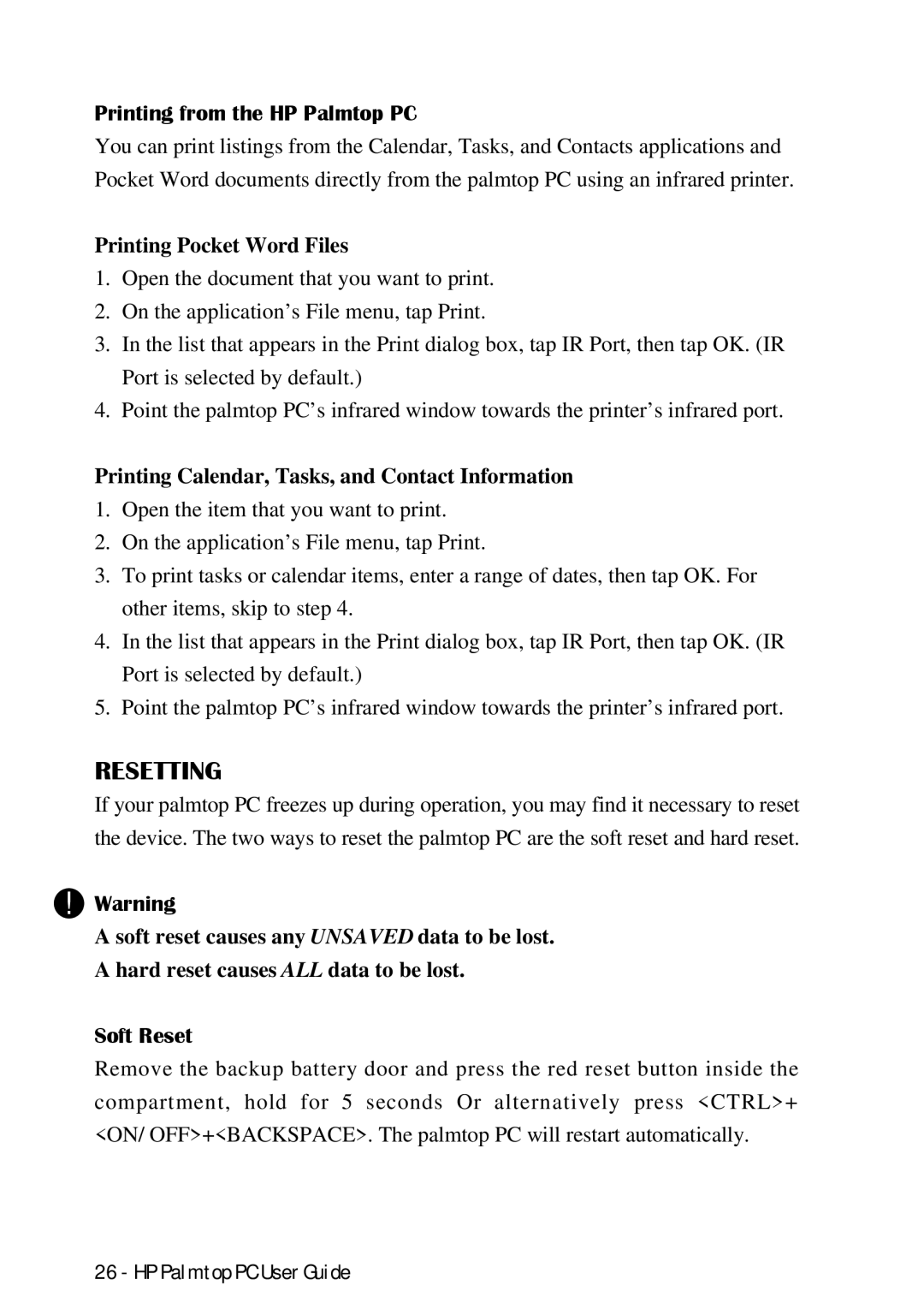 HP Palmtop 660LX, Palmtop 620X manual Resetting, Printing from the HP Palmtop PC, Printing Pocket Word Files, Soft Reset 