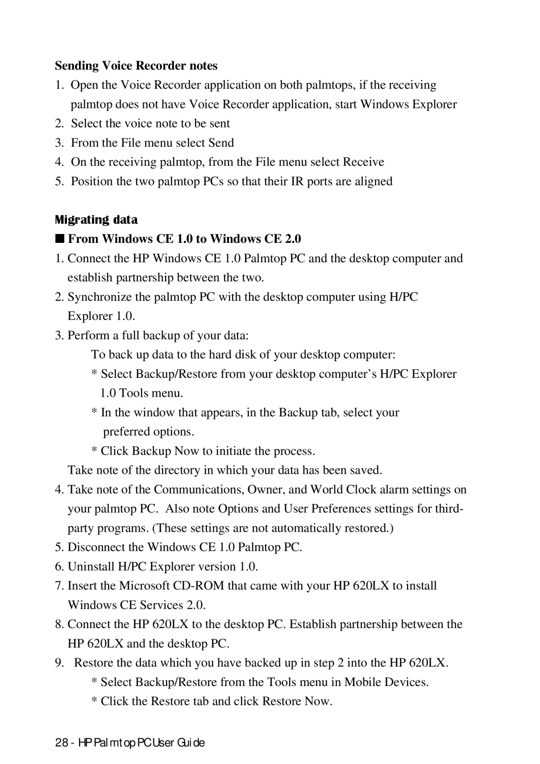 HP Palmtop 660LX, Palmtop 620X manual Sending Voice Recorder notes, Migrating data, From Windows CE 1.0 to Windows CE 