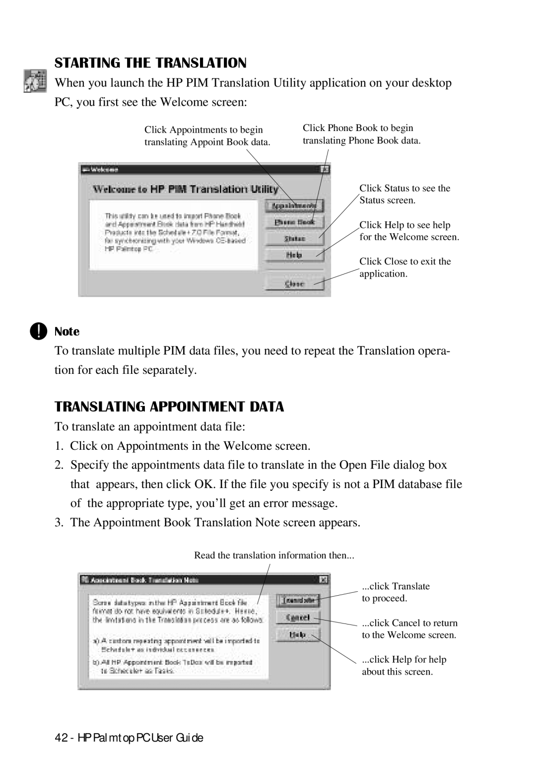 HP Palmtop 660LX, Palmtop 620X manual Starting the Translation, Translating Appointment Data 